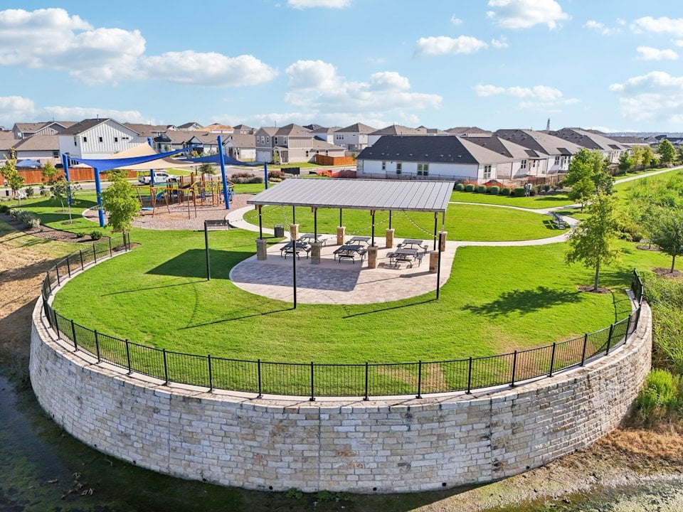 A golf course with a swimming pool.