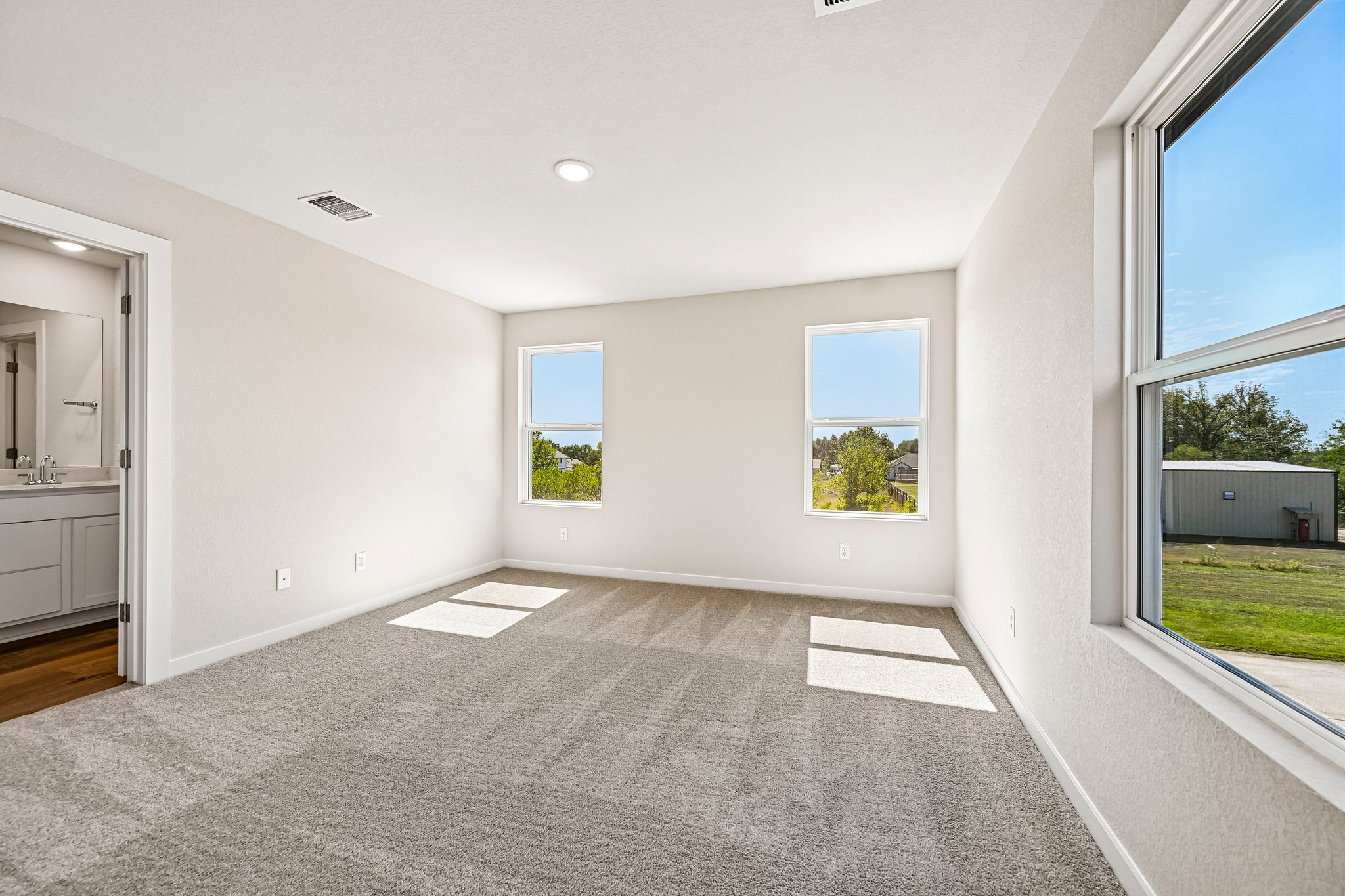 A room with windows and a carpet.