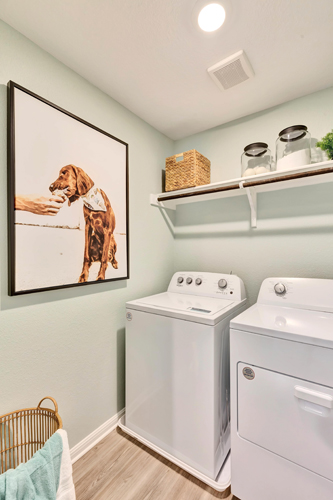 A white kitchen with a painting on the wall.