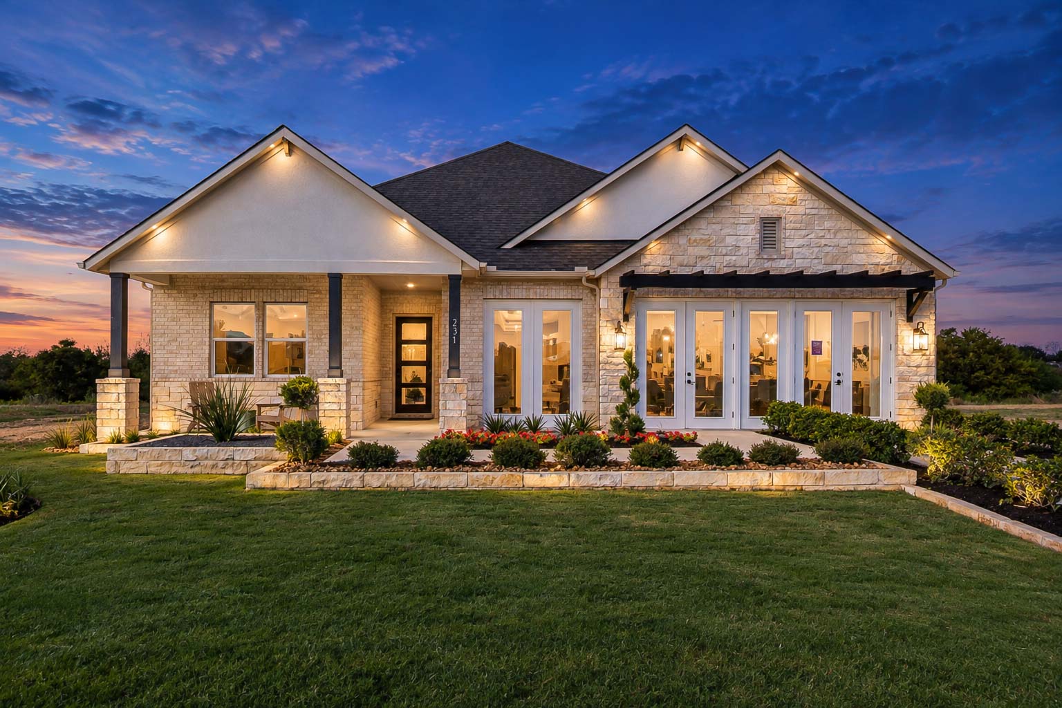 A house with a lawn.