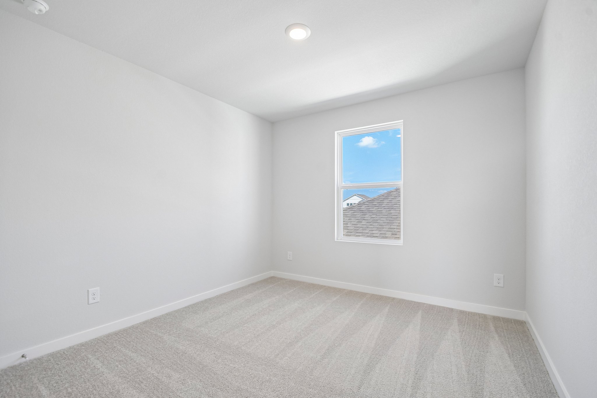 A room with a carpet and a poster on the wall.