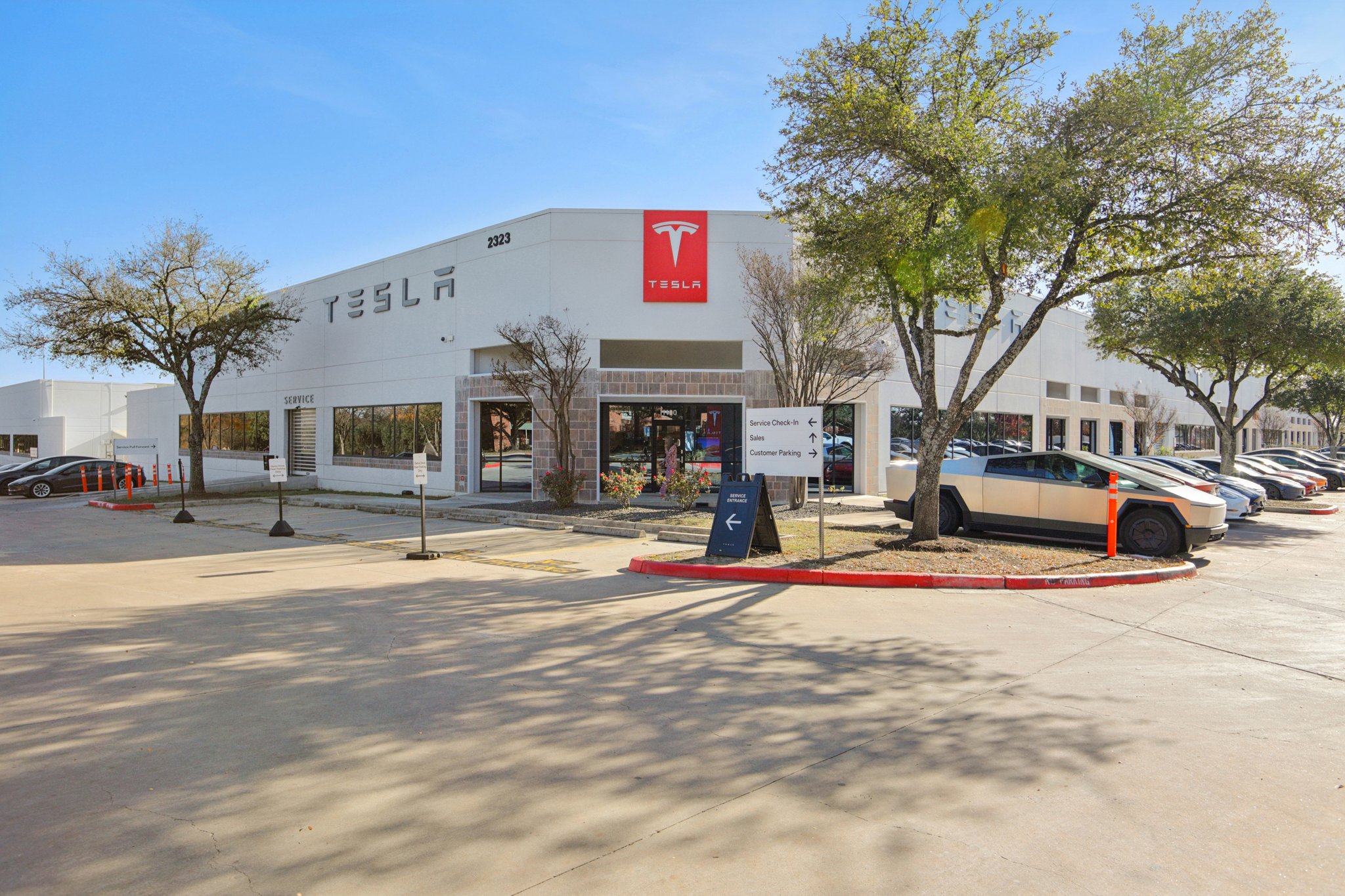 A building with a red sign.