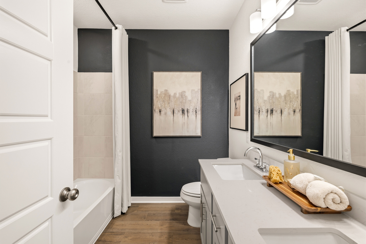 A bathroom with a black wall.