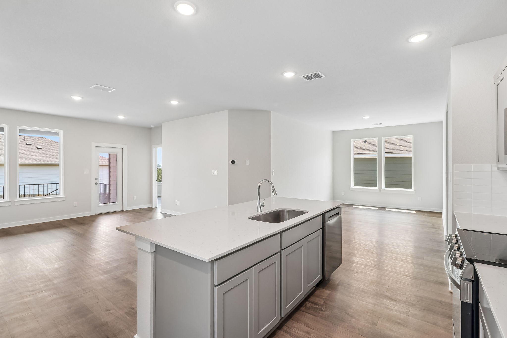 A kitchen with a large island.