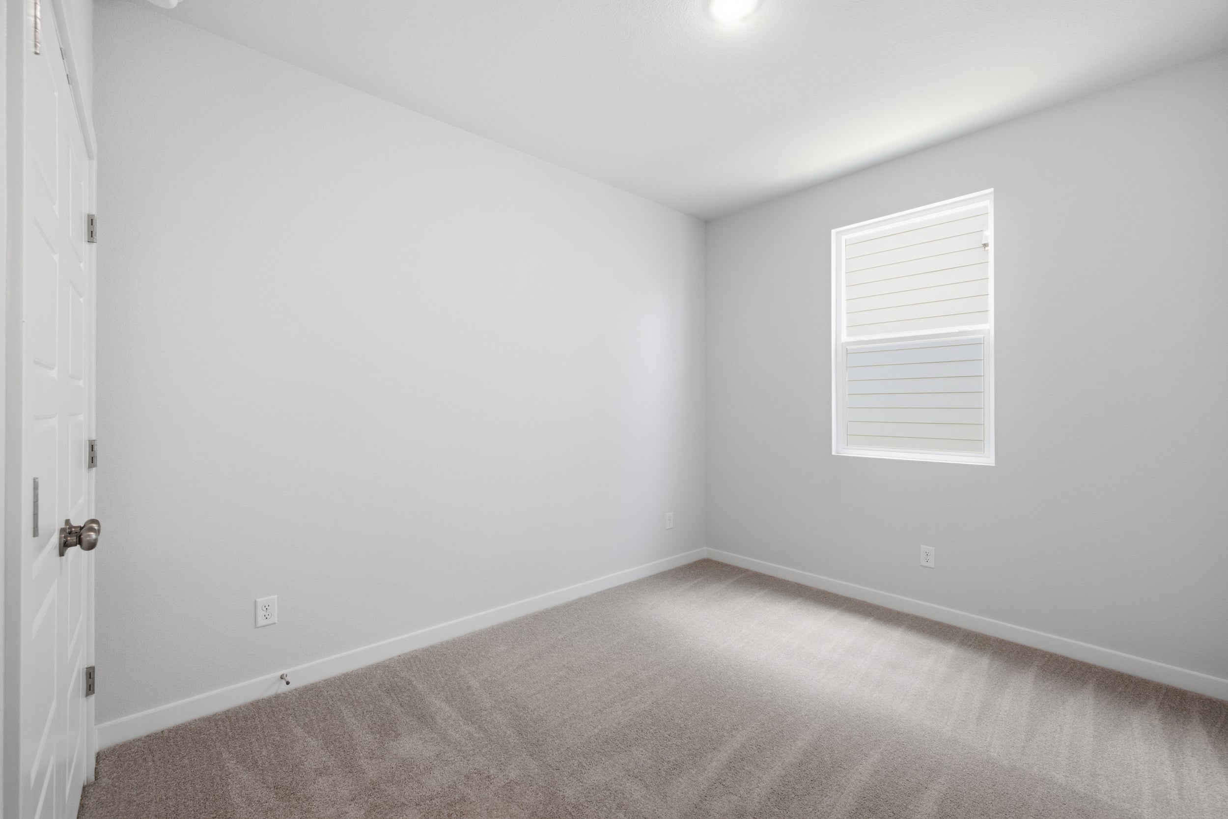 A room with a carpet and a white door.