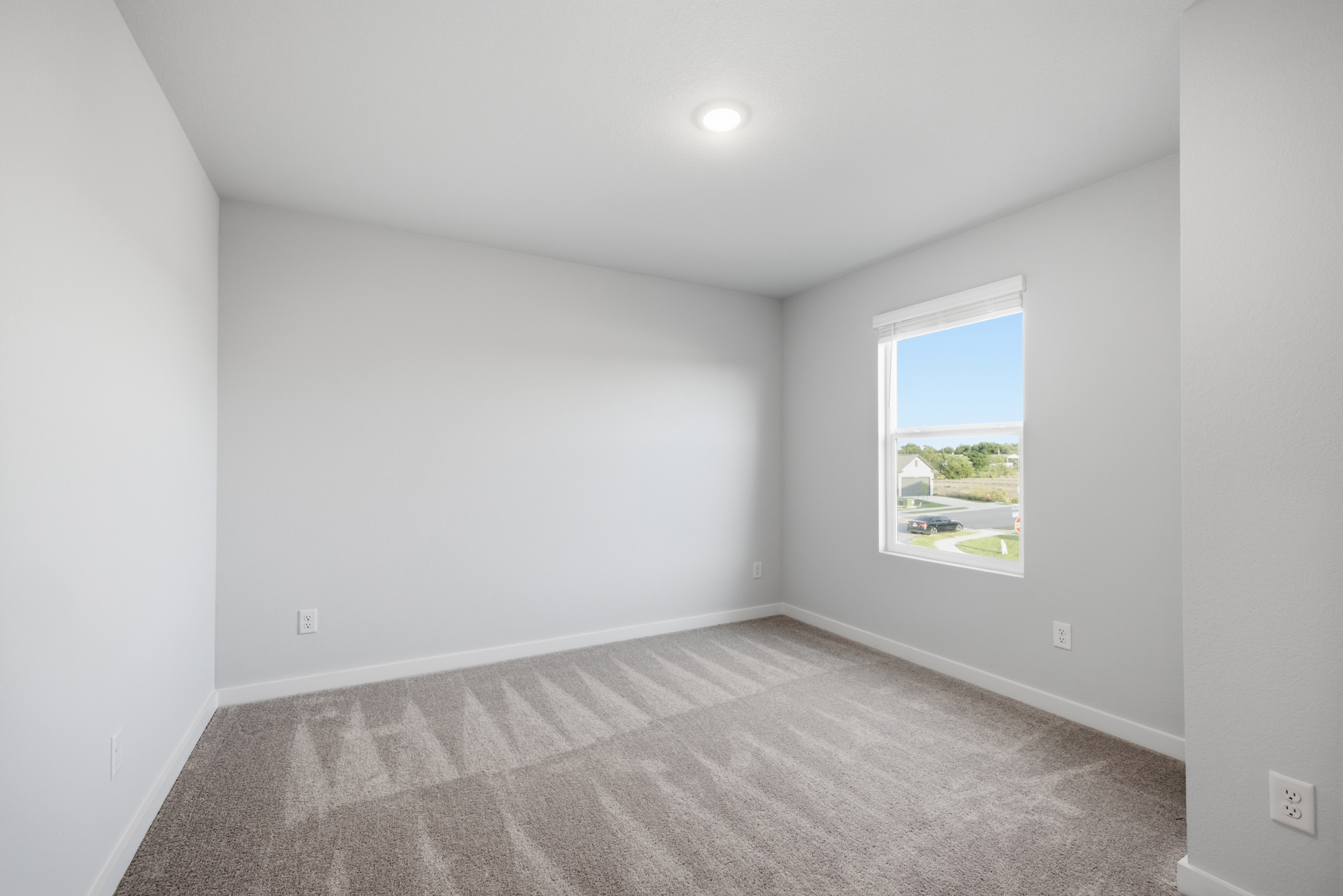 A room with a carpet and a window.