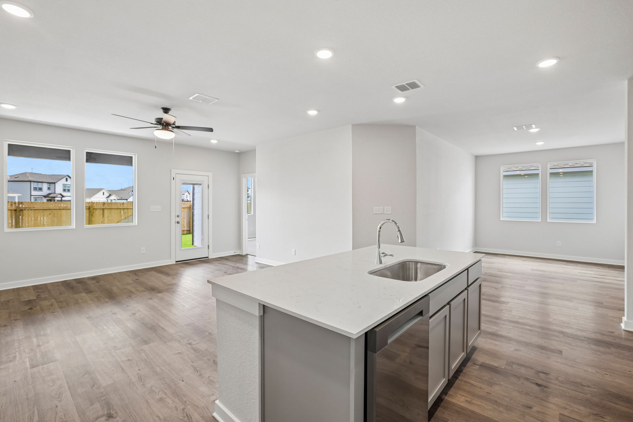 A kitchen with a large island.