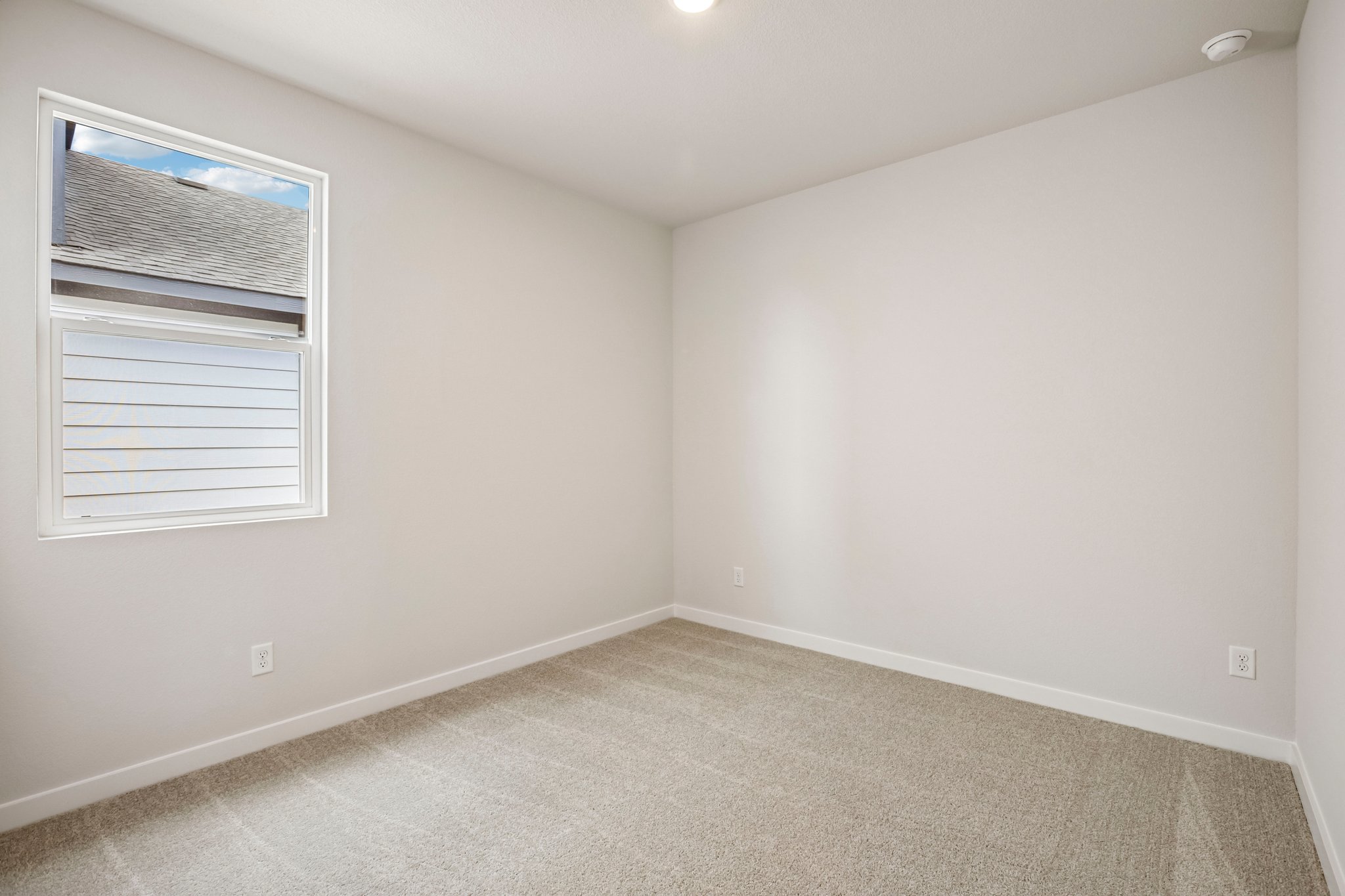 A room with a window and a carpet.