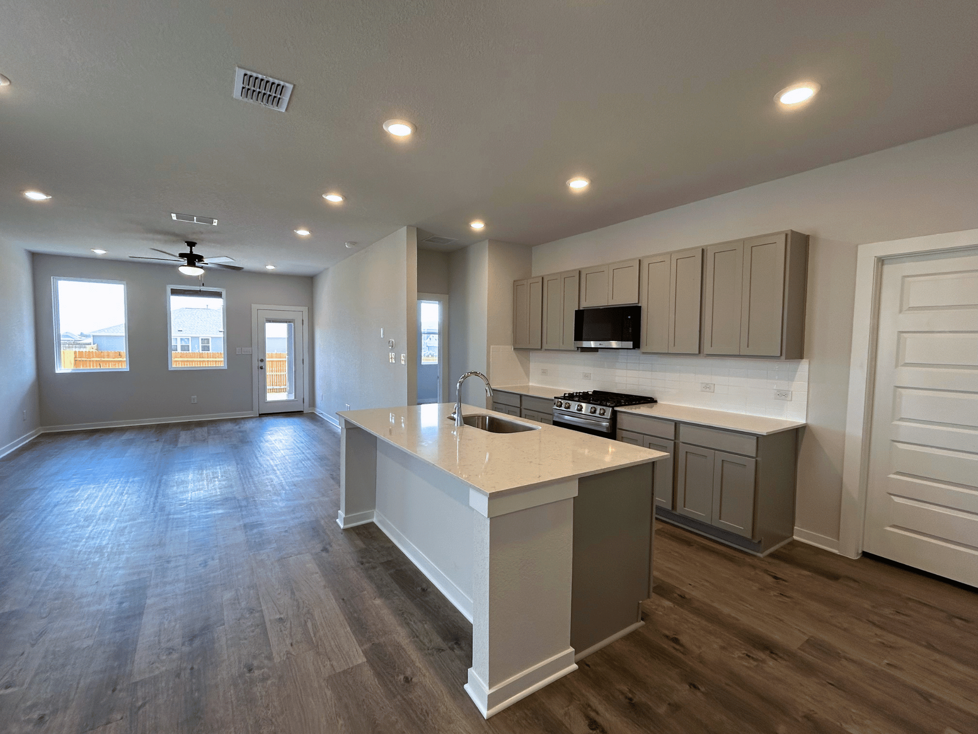 A kitchen with a large island.