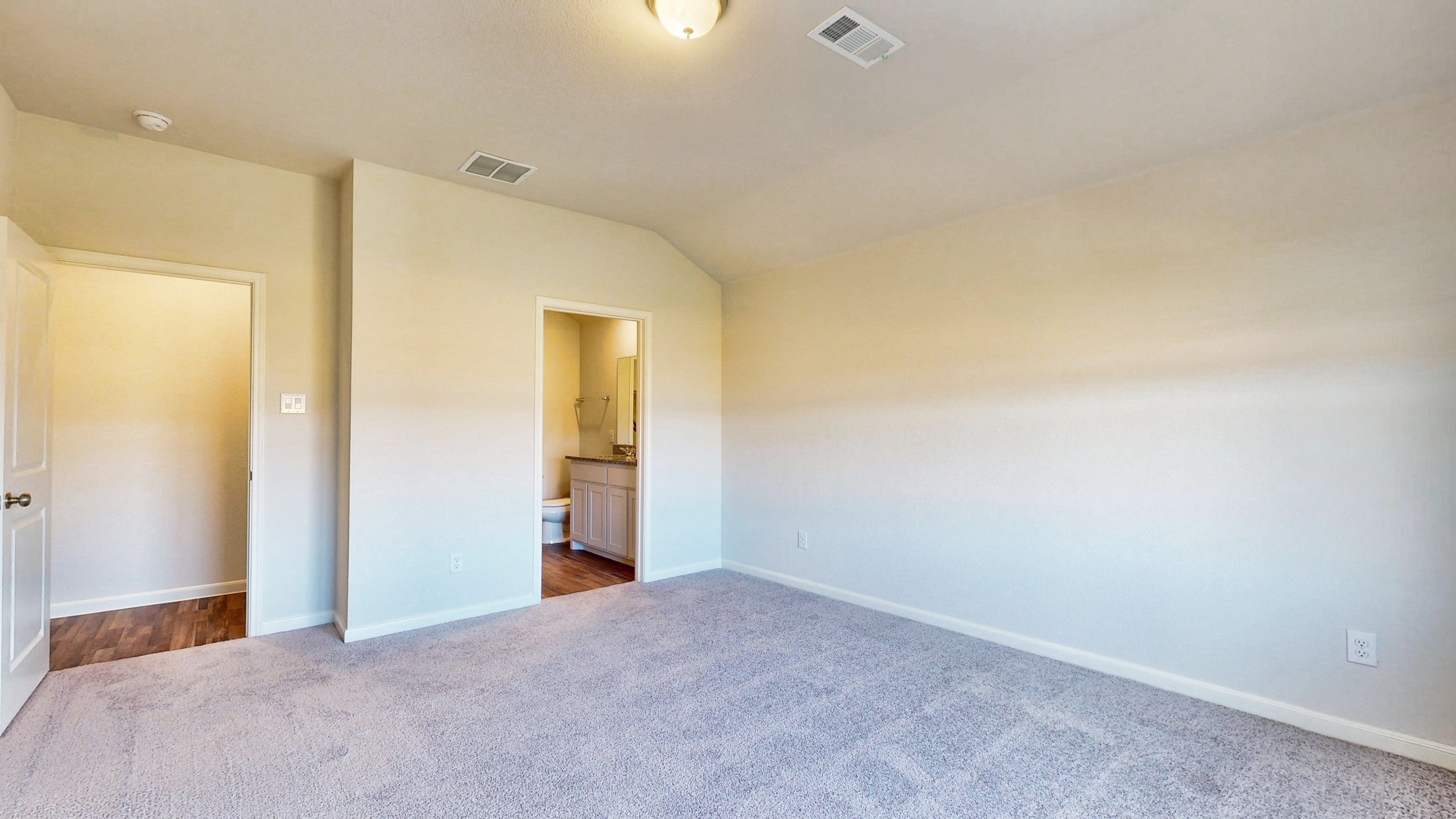 A room with a carpet and a door.