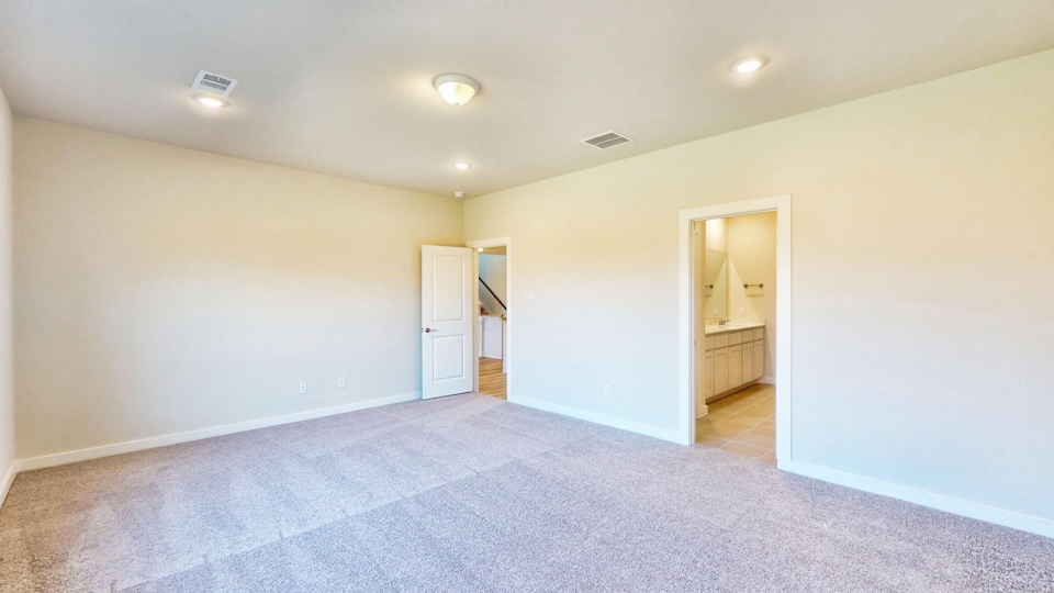A room with a carpet and a blue carpet.