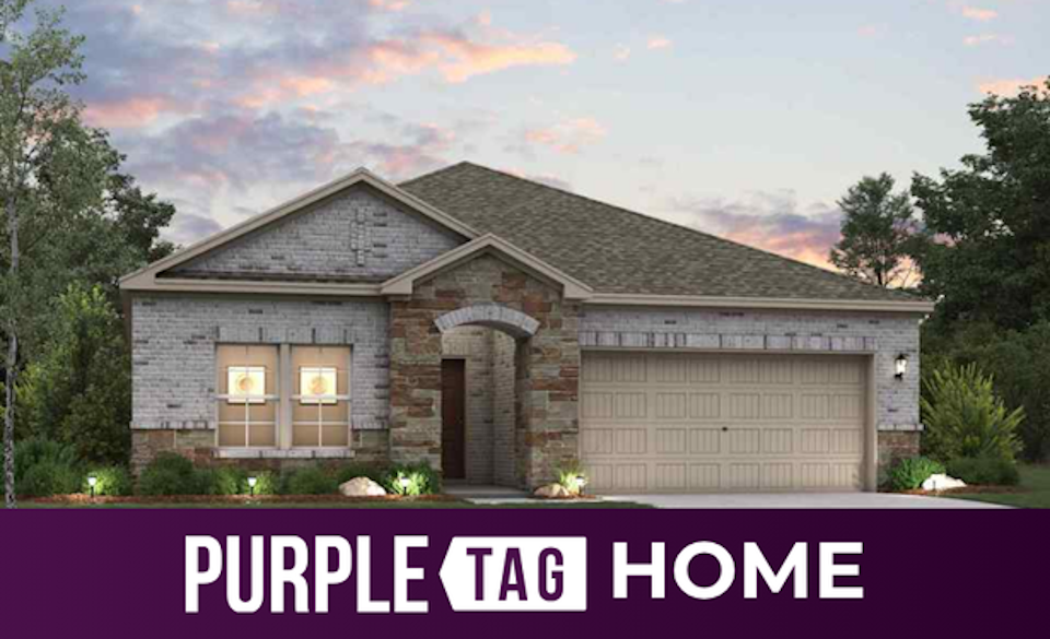 A house with a garage and trees.