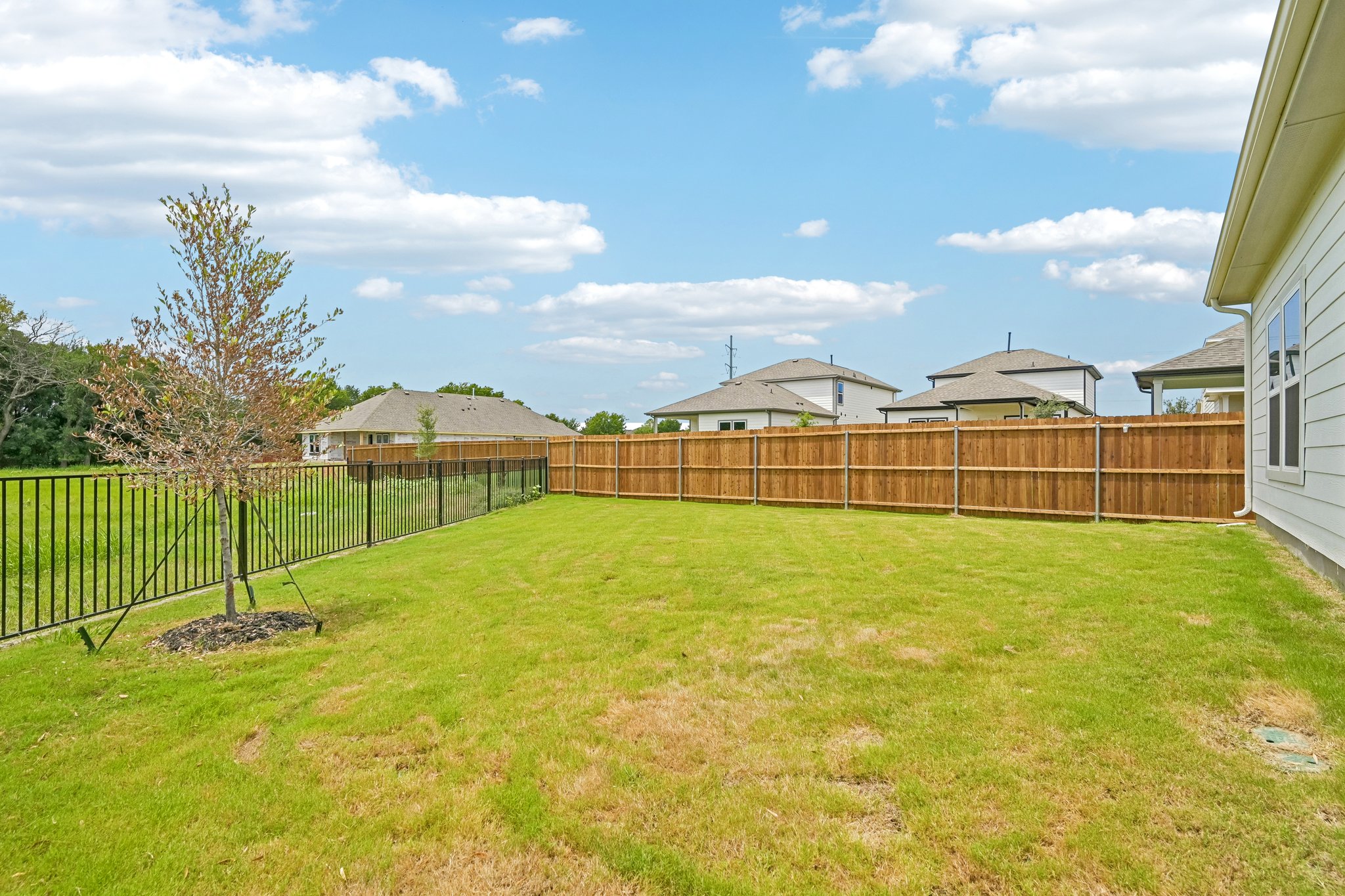 A fenced in yard with houses in the background.