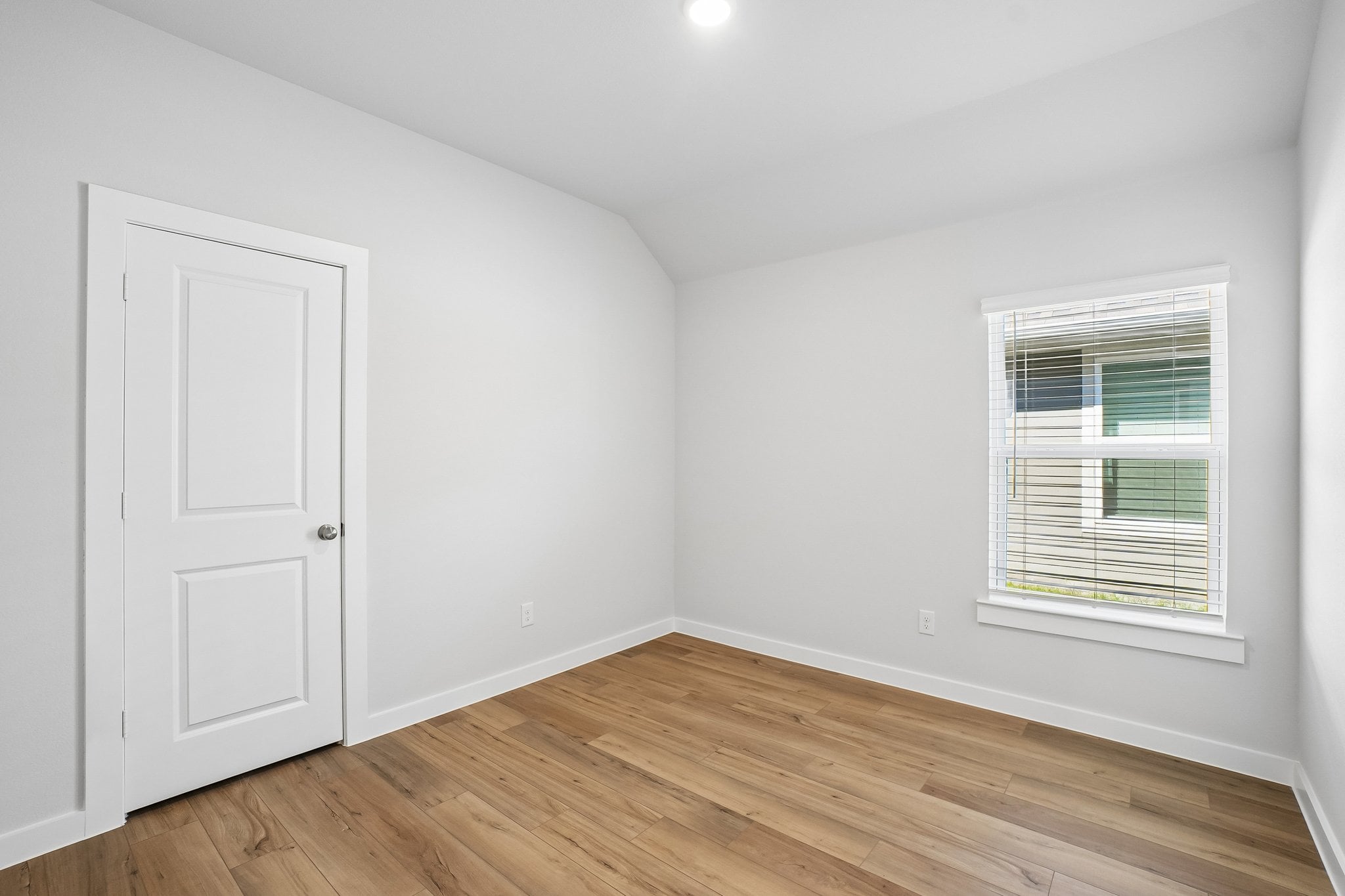 A room with a wood floor and a white door.
