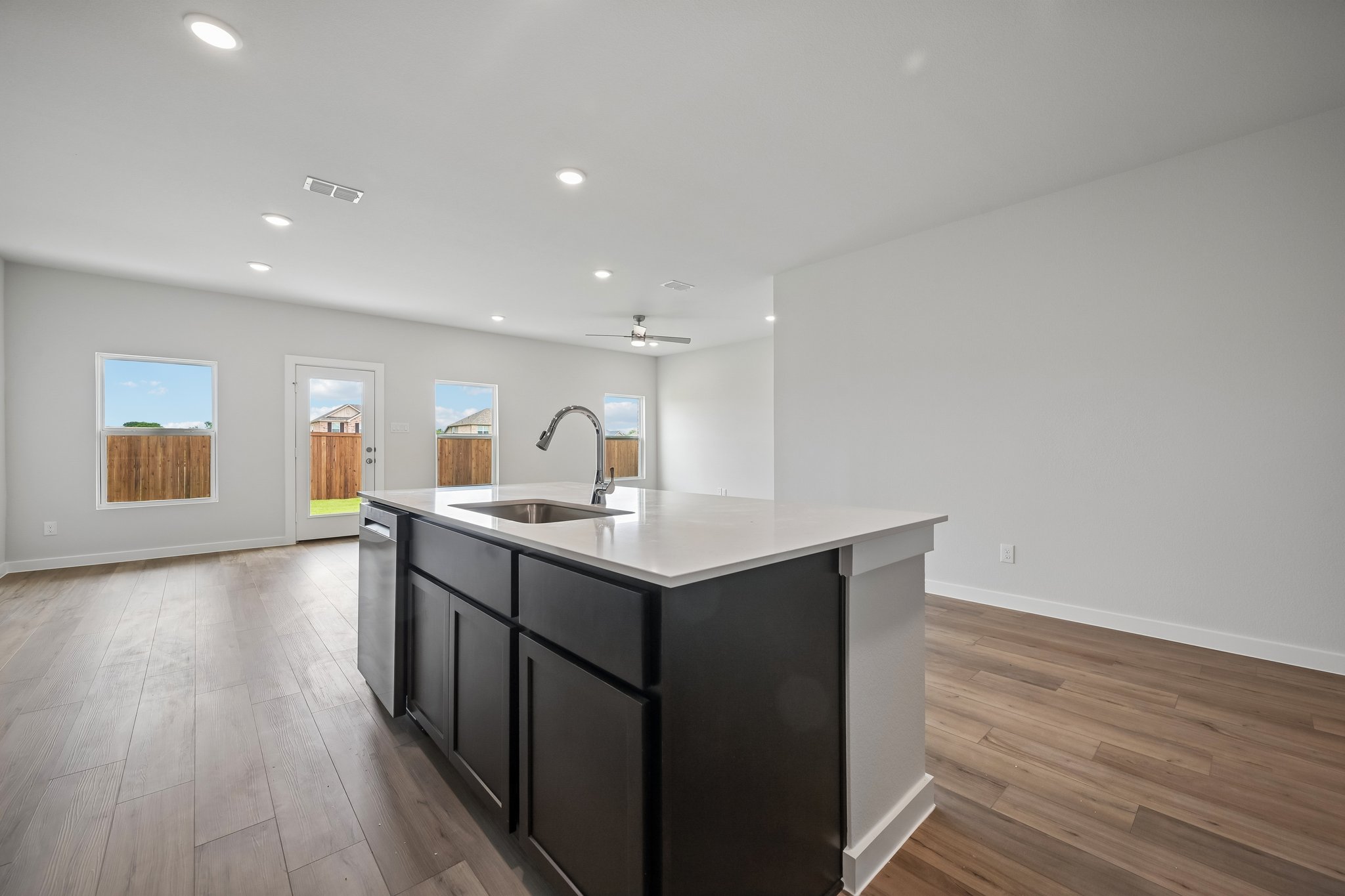 A kitchen with a large island.