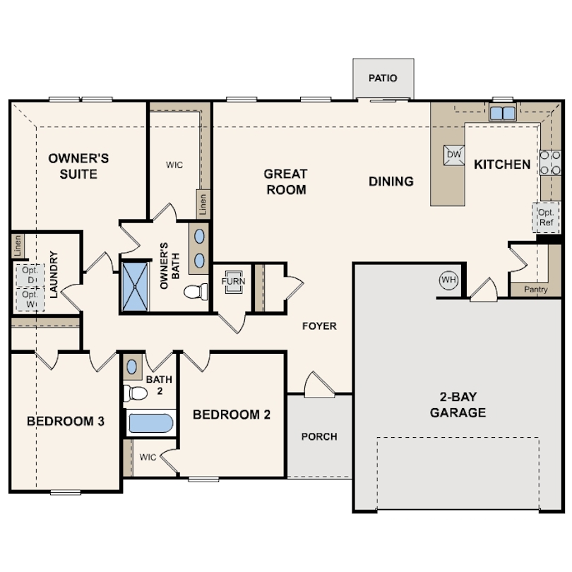 Arlington floor plan featuring 3 bedrooms, 2 bathrooms, great room, kitchen, and two car garage