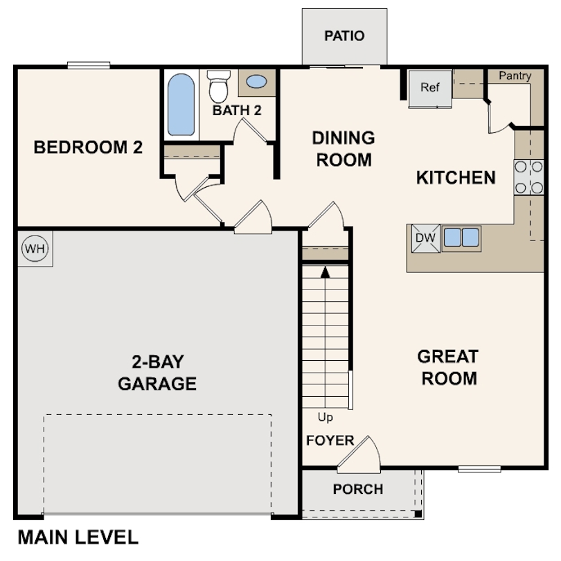 First floor of the Dupont floor plan featuring two bay garage, dining room, great room, kitchen, and ground floor bedroom