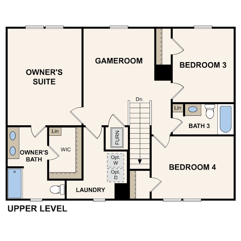 Second floor of Dupont floor plan with onwer's suite, gameroom, bathroom, and two additional bedrooms