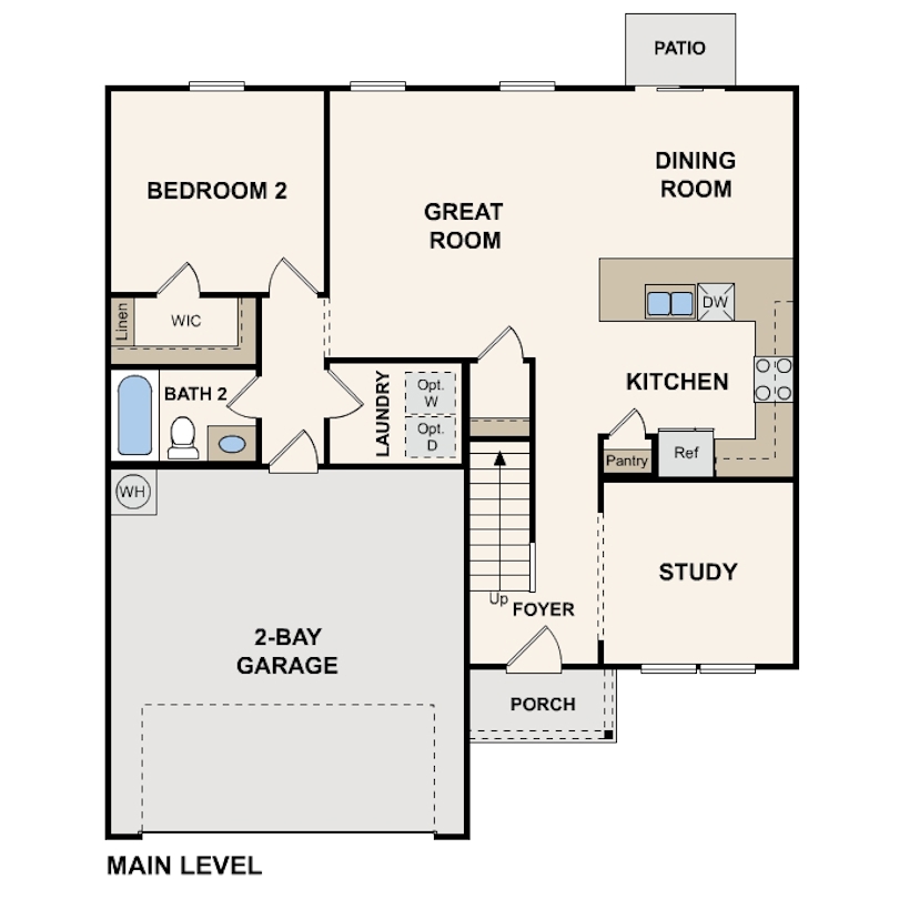 First floor of Gardner floor plan with 2 car garage, great room, dining room, kitchen, bathroom, bedroom, and study
