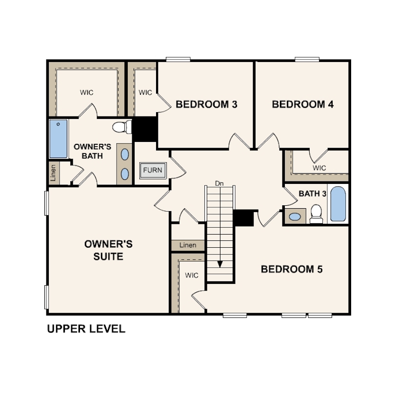 Second floor of Gardner floor plan with owner's suite, three additional bedrooms, and two bathrooms