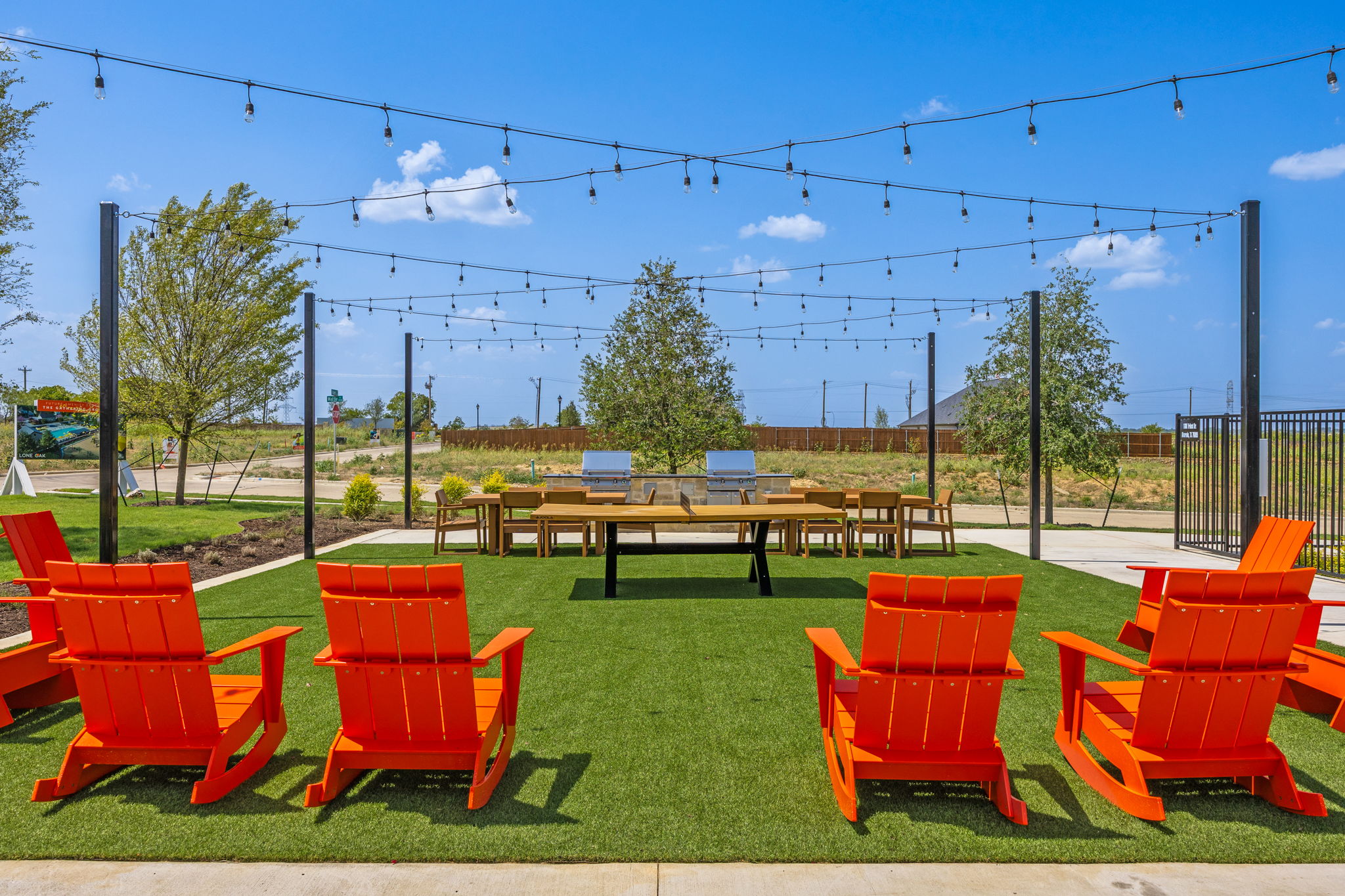 A group of chairs outside.