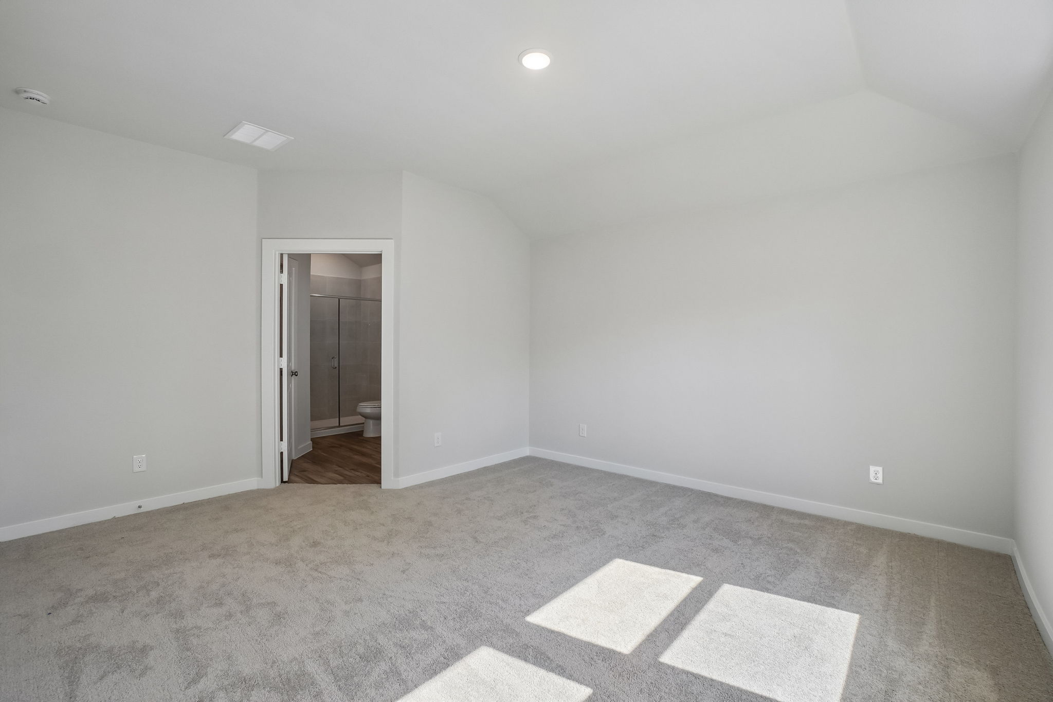 A room with a carpet and a door.