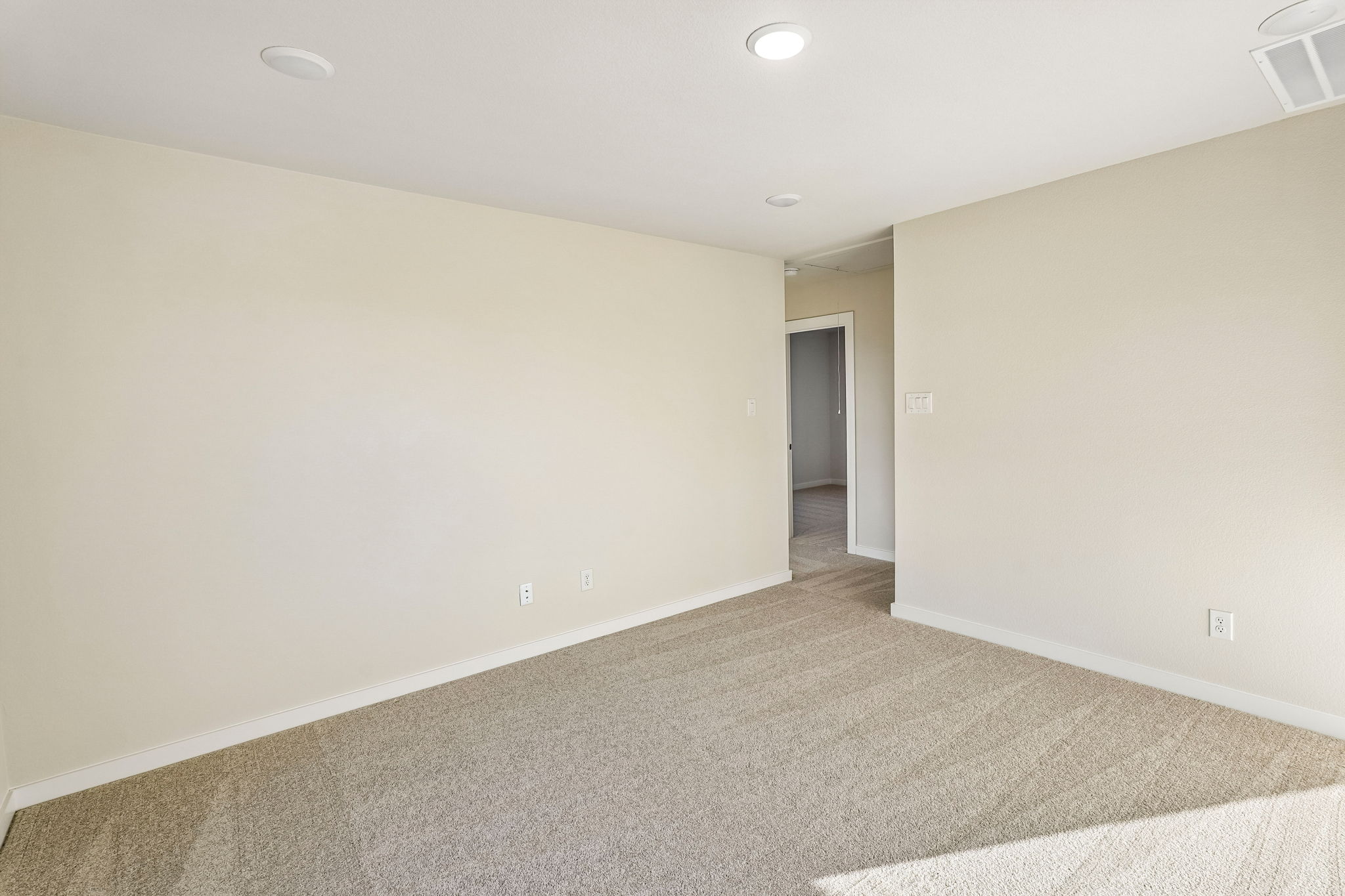 A hallway with carpet and a door.