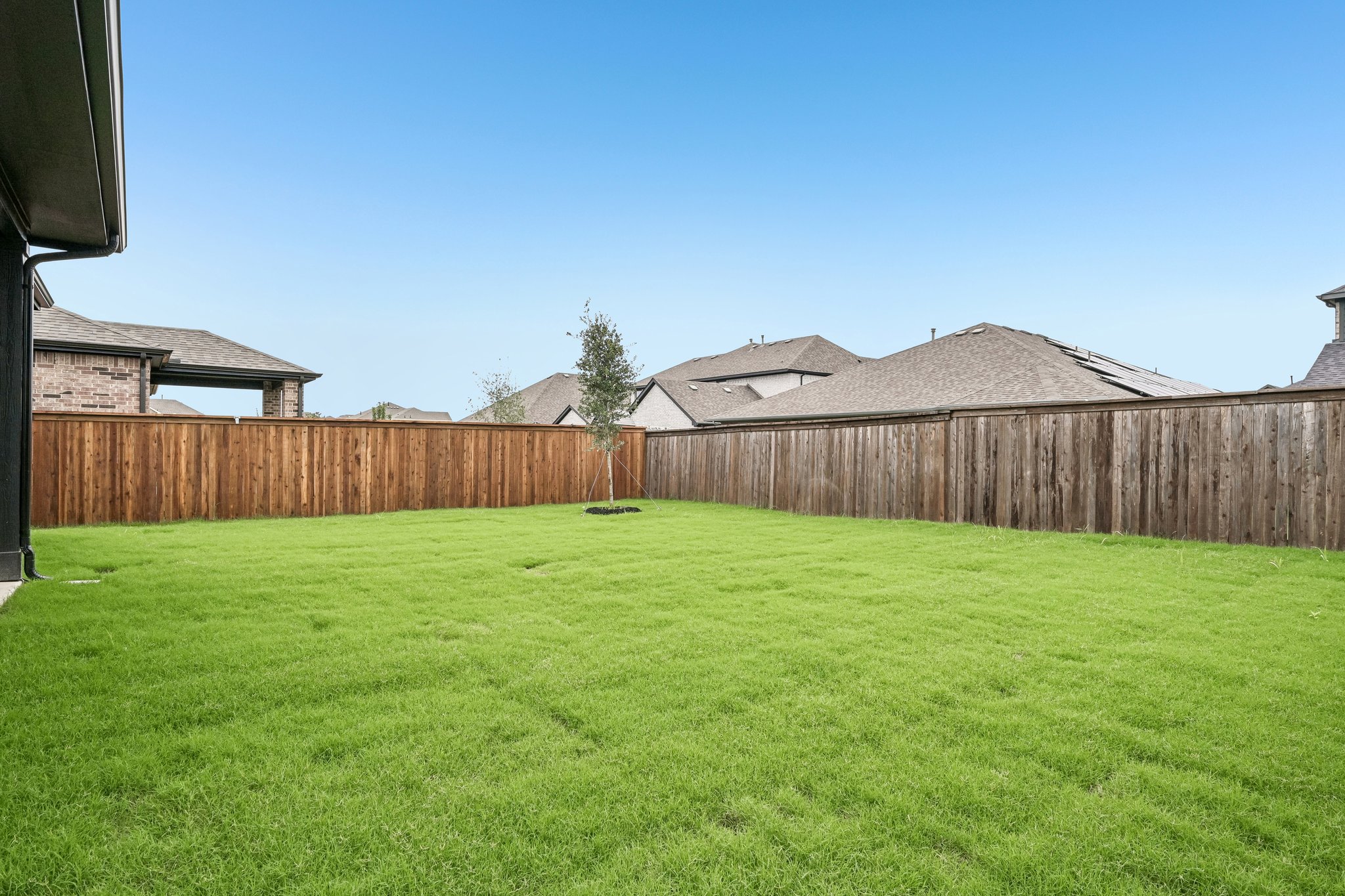 A fenced in yard with a tree and a house in the background.
