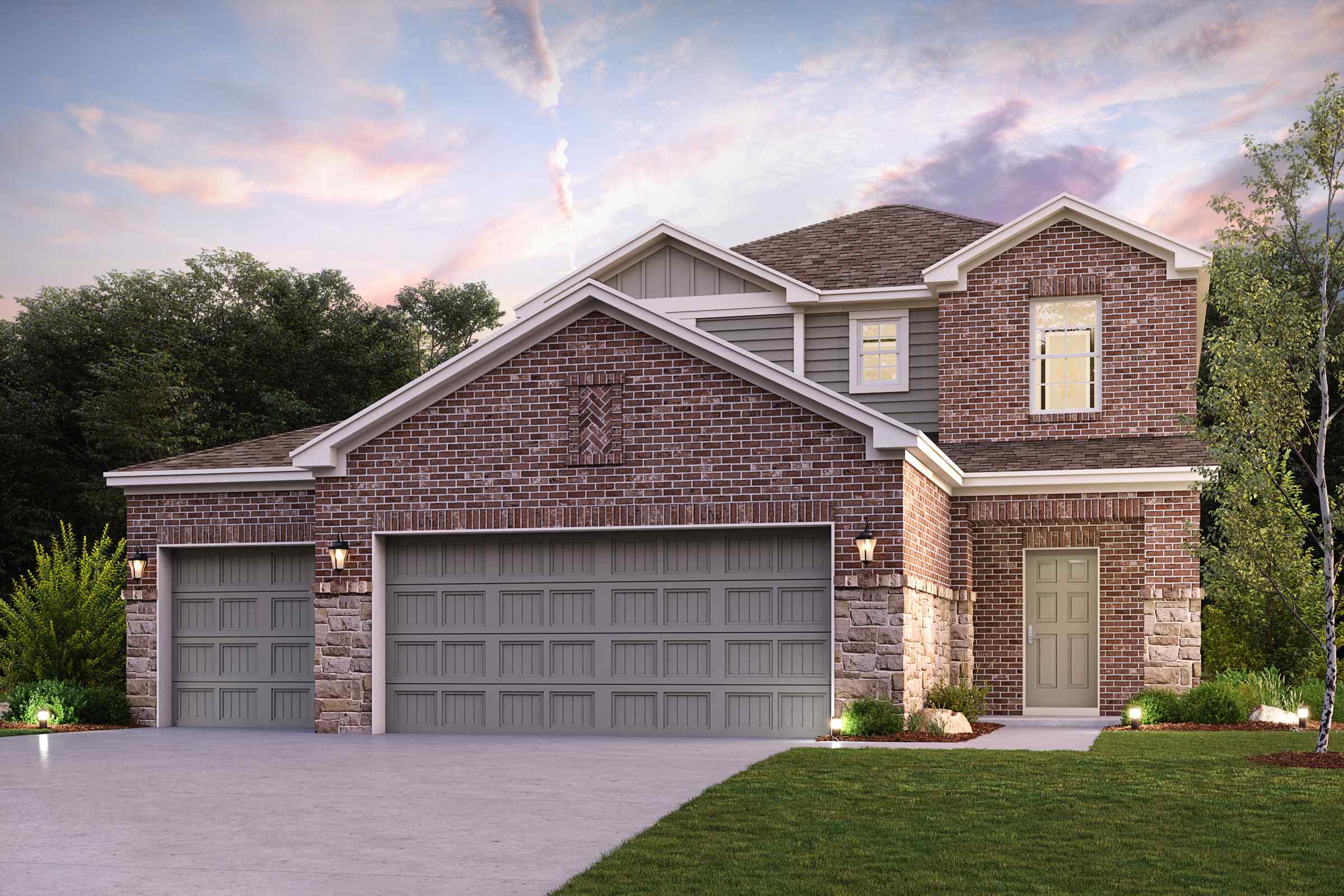 A brick house with a garage.