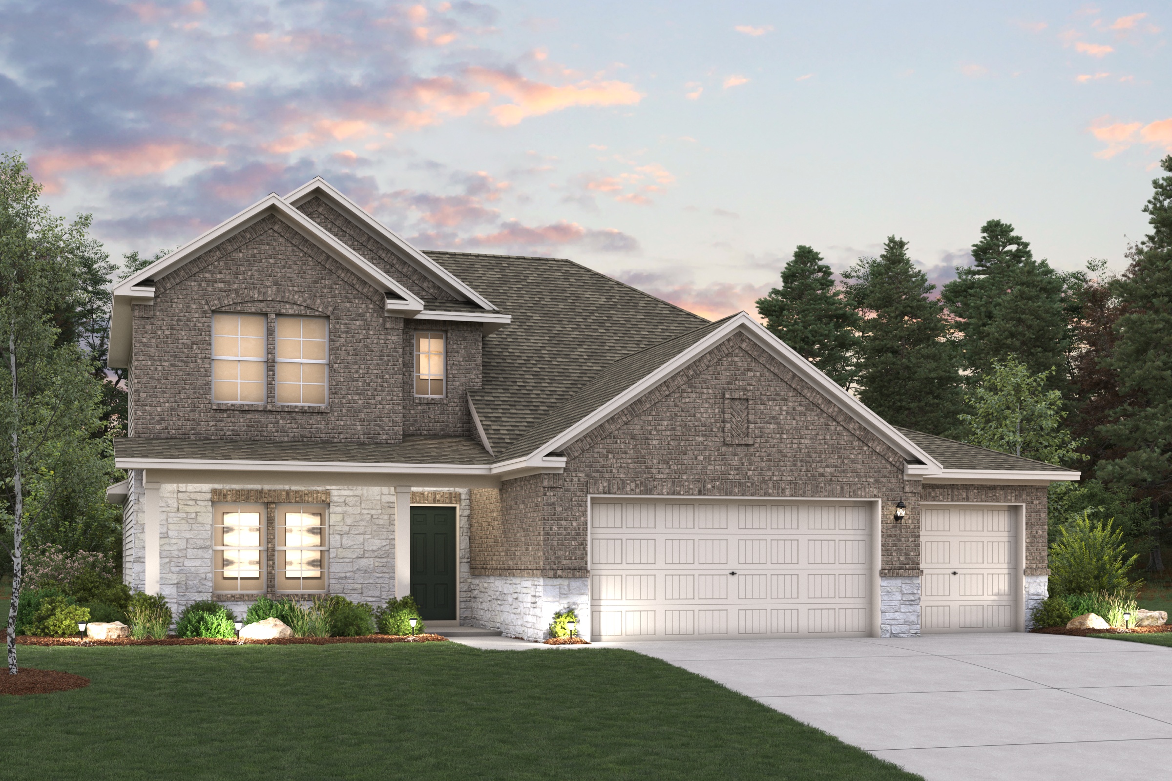 A house with a garage and trees in the back.