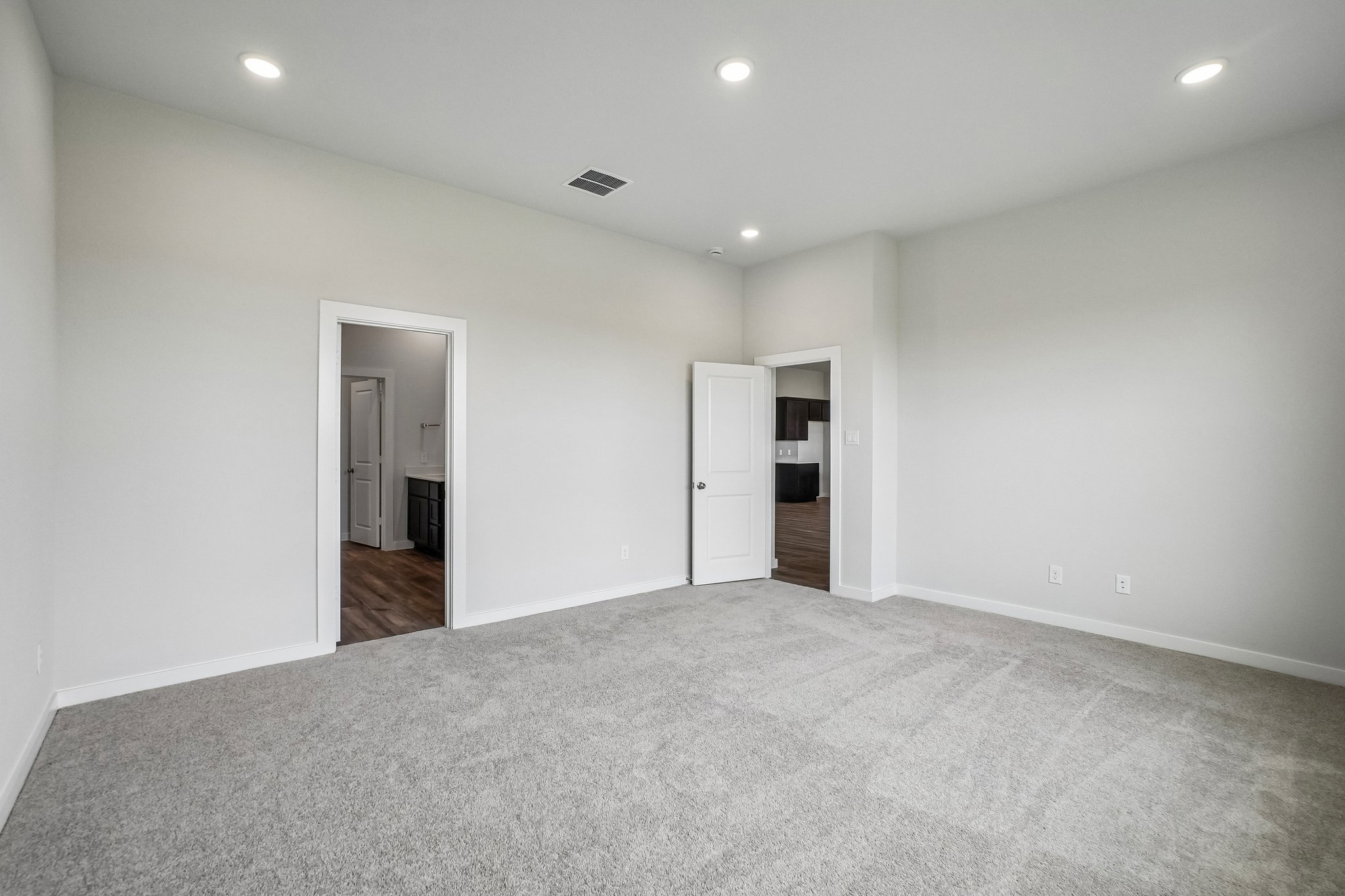 A hallway with a carpet.
