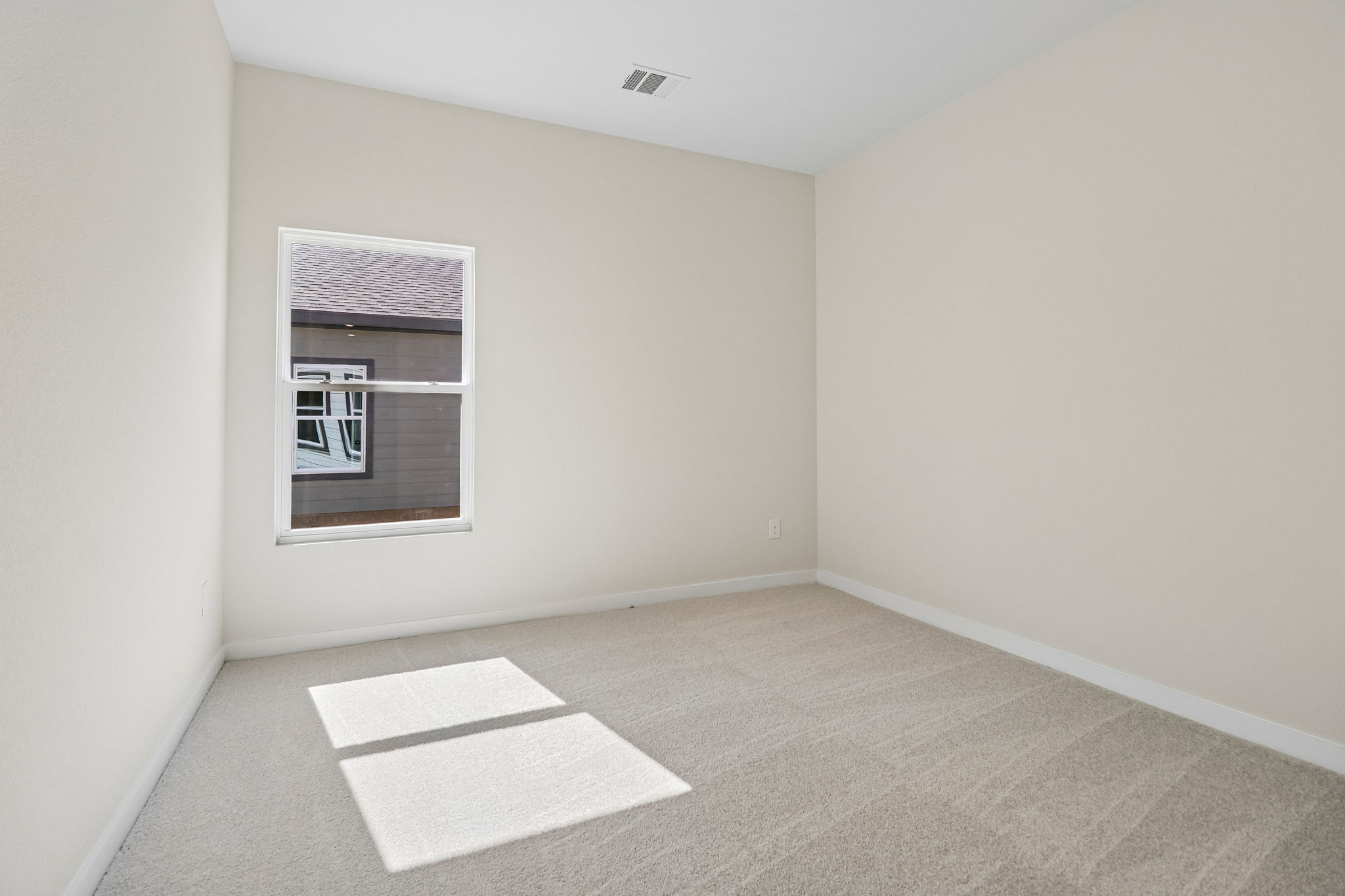 A room with a rug and a window.