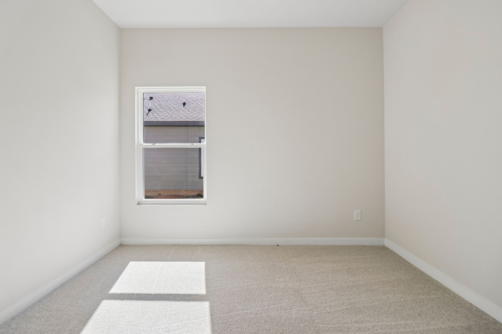 A room with a window and a rug.