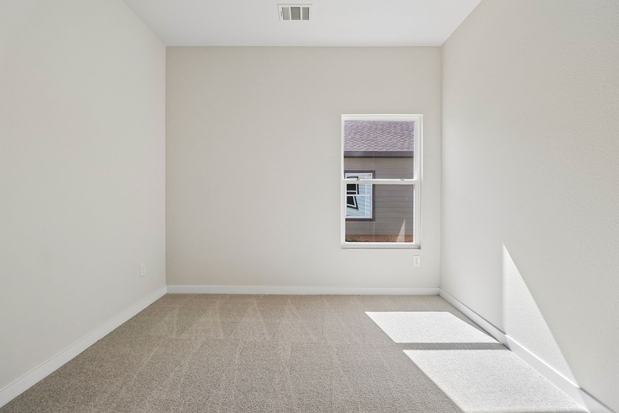 A room with a window and a rug.