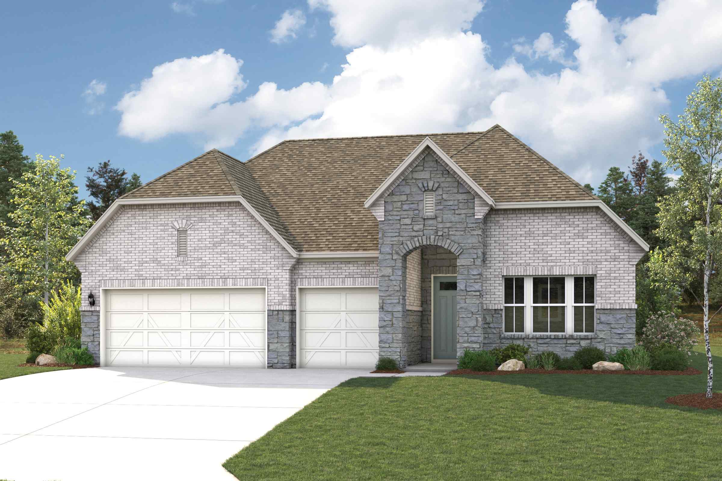A house with a garage and a lawn.