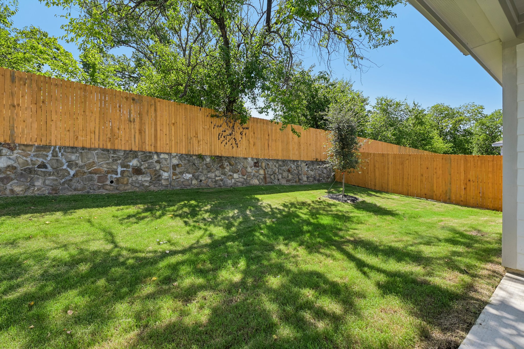 A fenced yard with a brick wall and a tree.