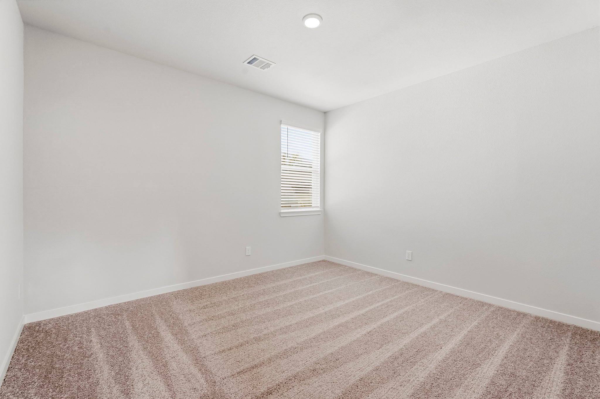 A room with a carpet and a window.