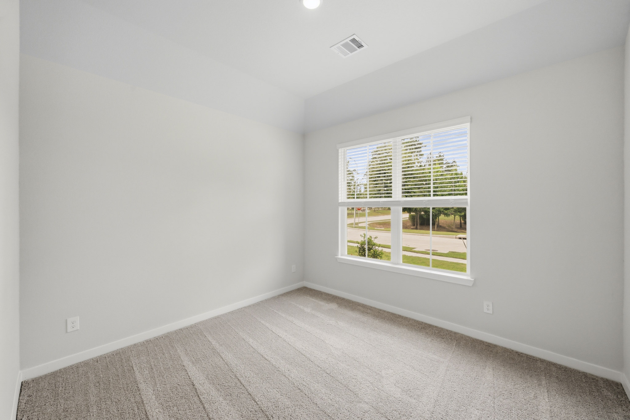 A room with a window and a rug.