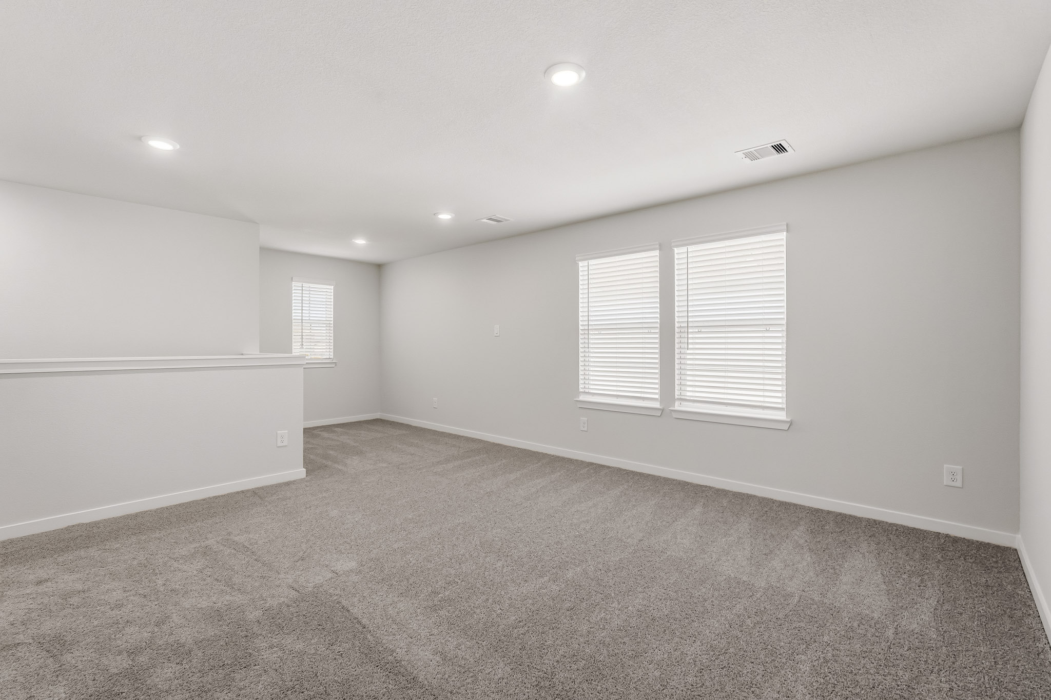 A room with a carpet and windows.
