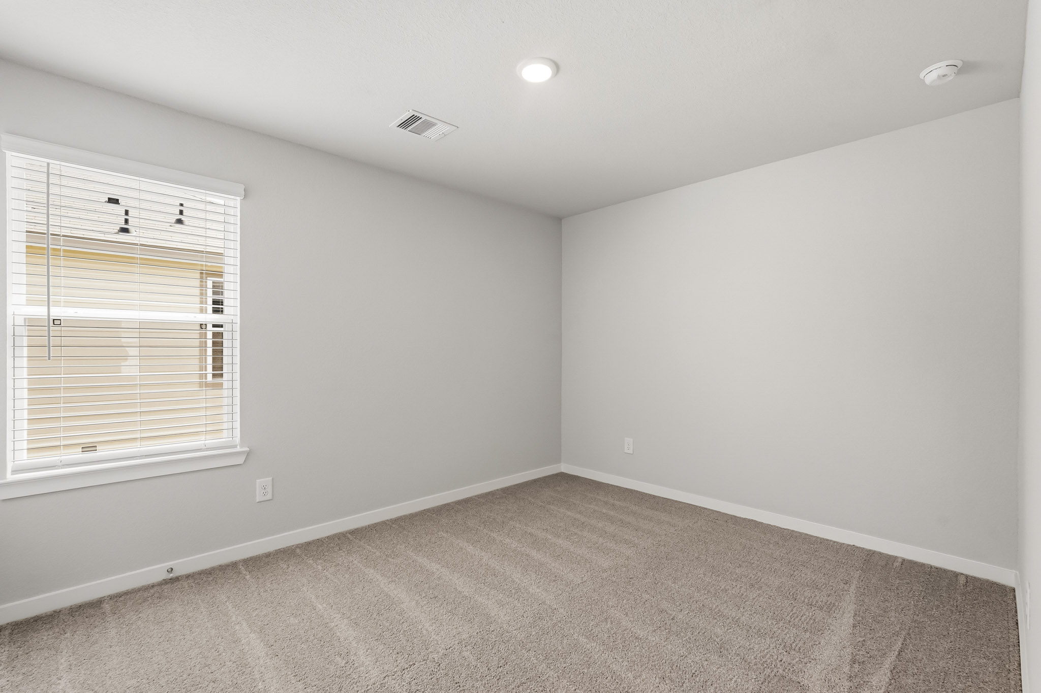 A room with a carpet and a window.