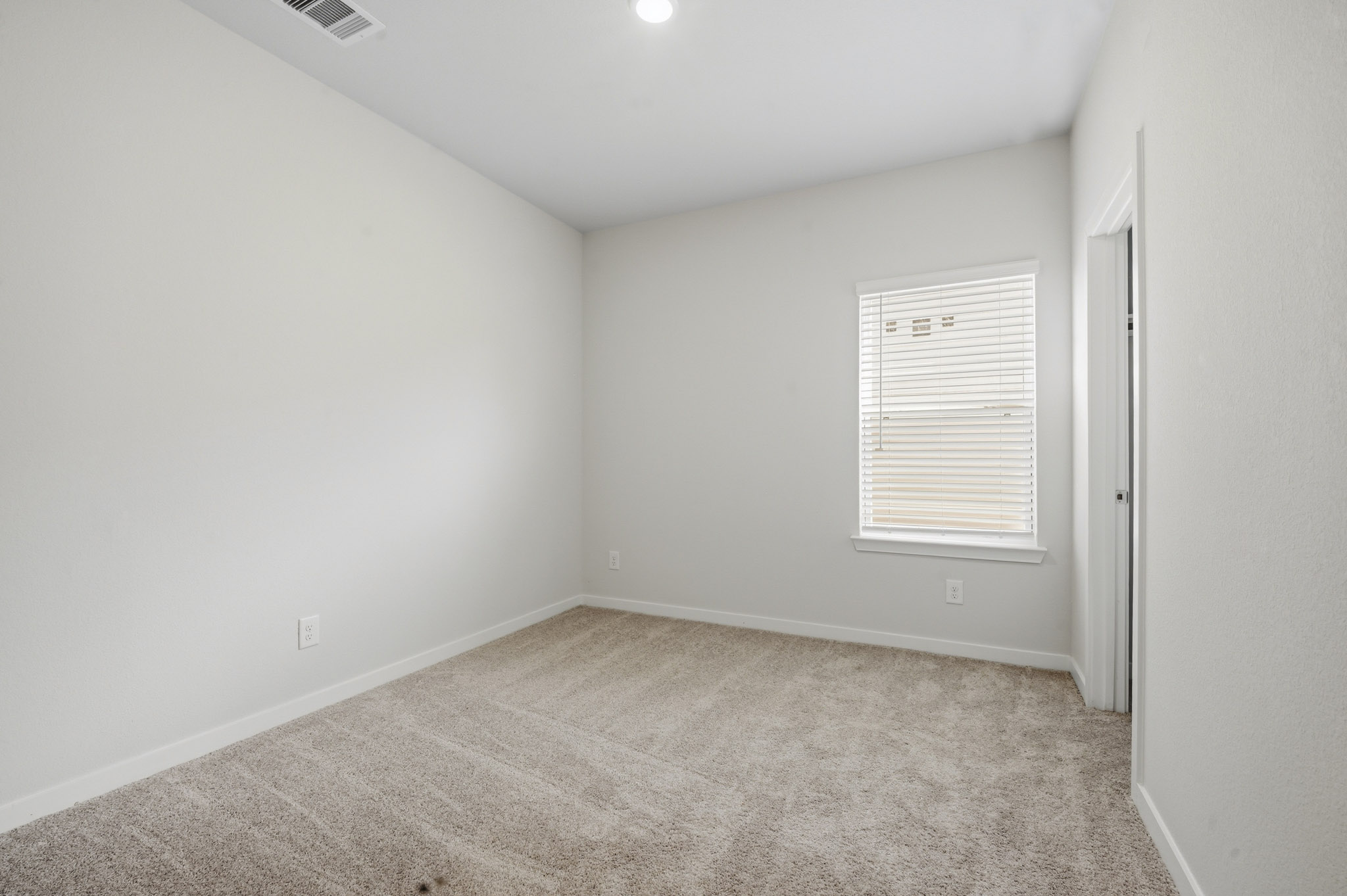 A room with a carpet and a door.