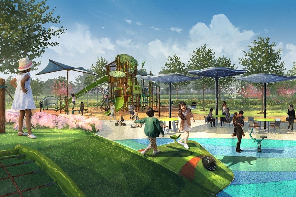 A group of people playing in a water park.