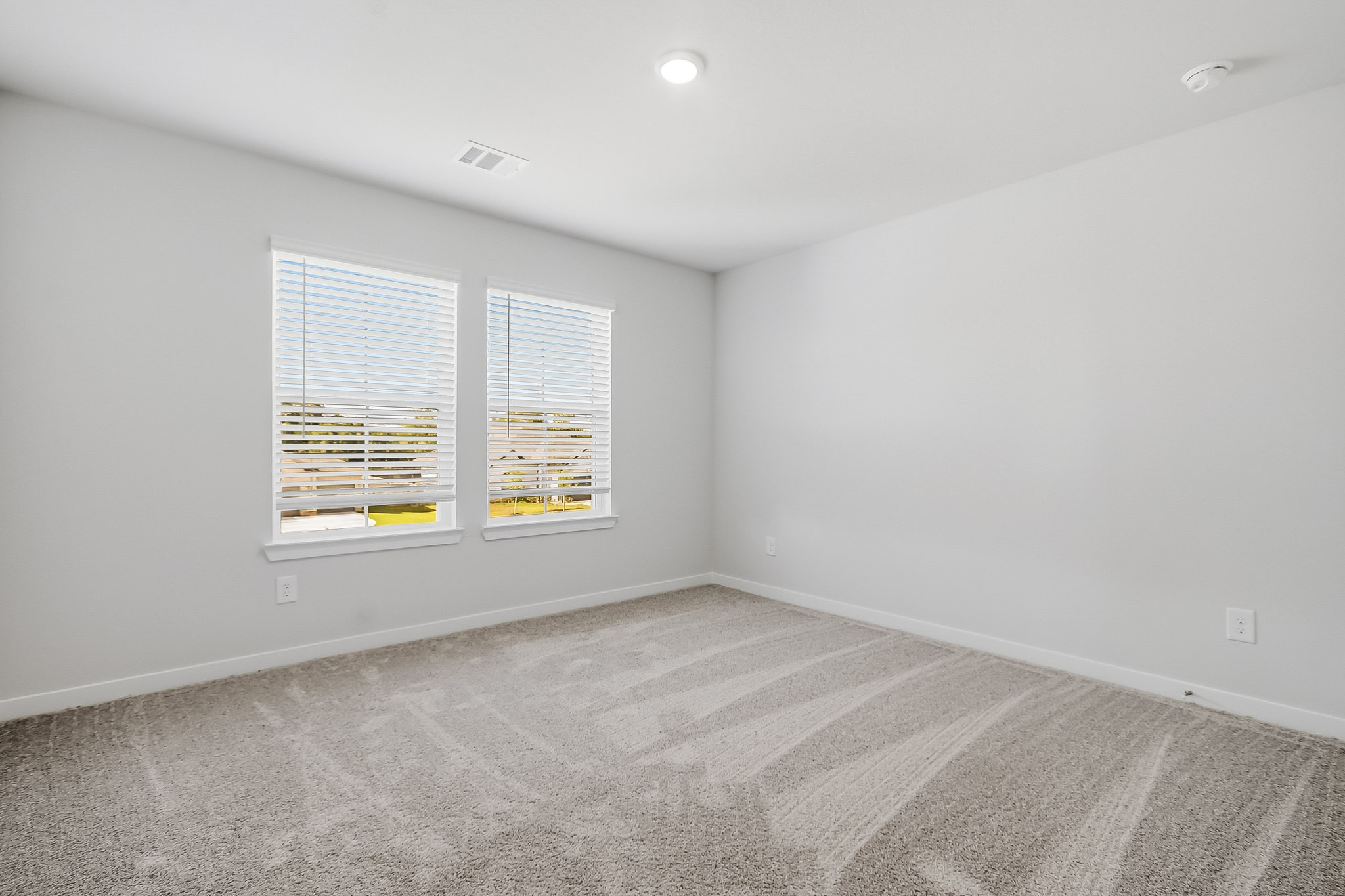 A room with a carpet and windows.