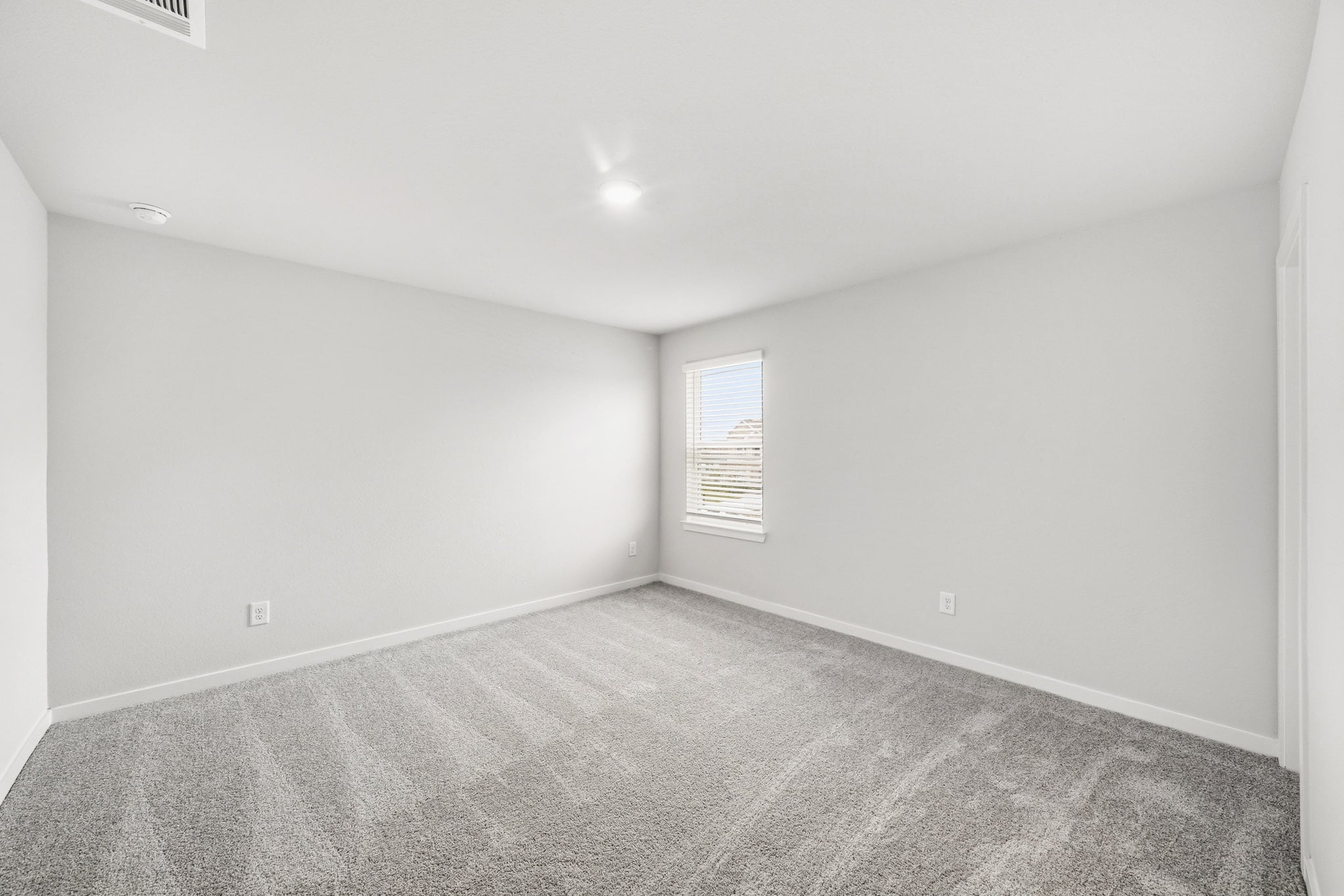 A room with a carpet and a window.