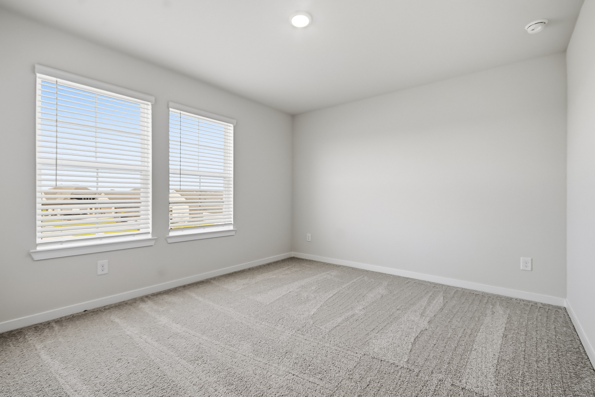 A room with a carpet and windows.