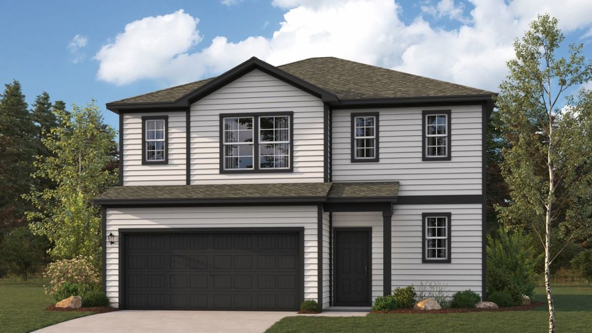 A grey house with a garage.