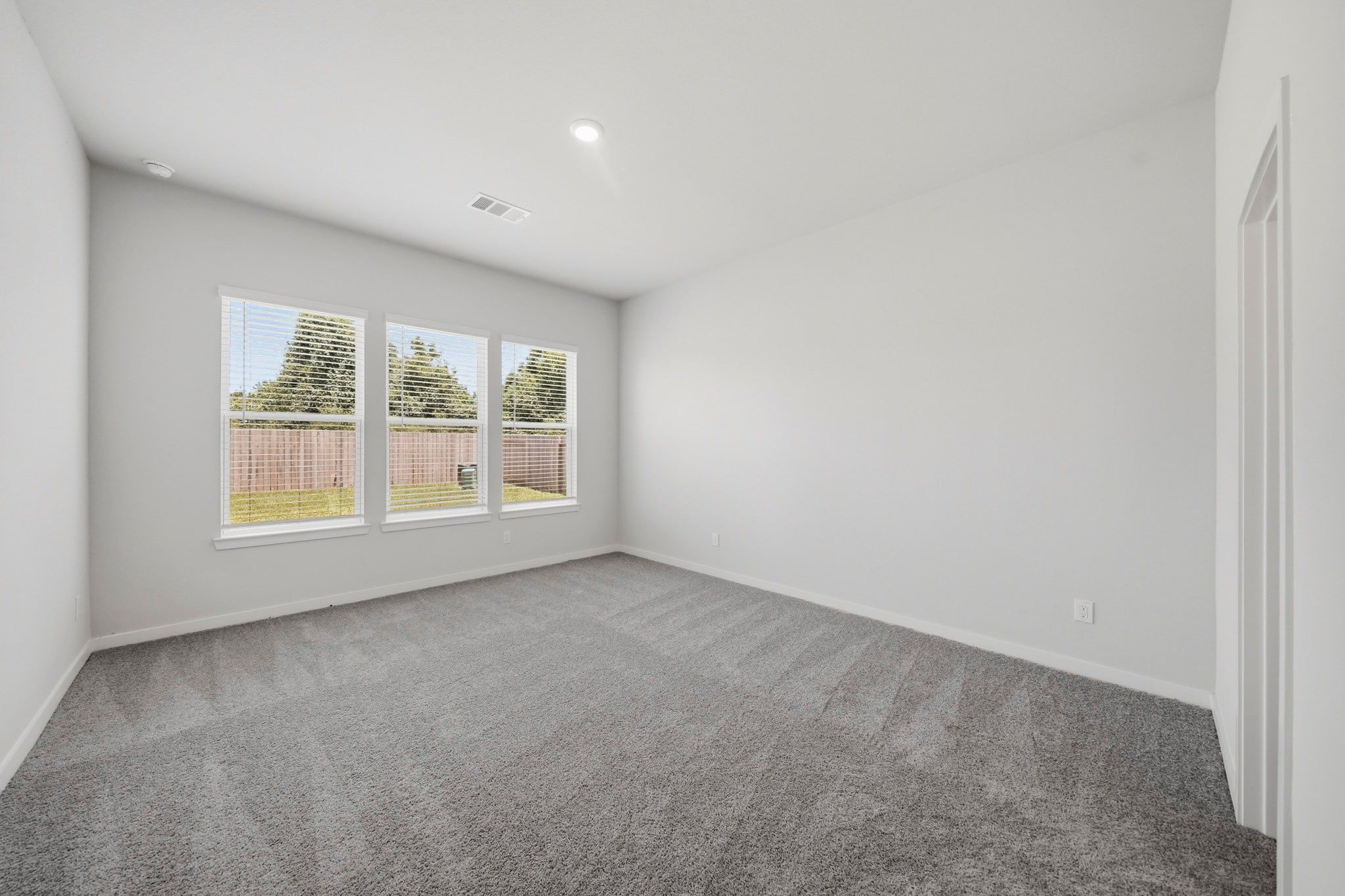 A room with a carpet and windows.