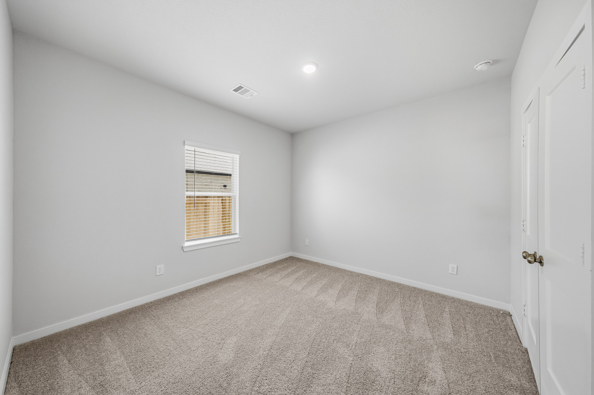 A room with a carpet and a door.