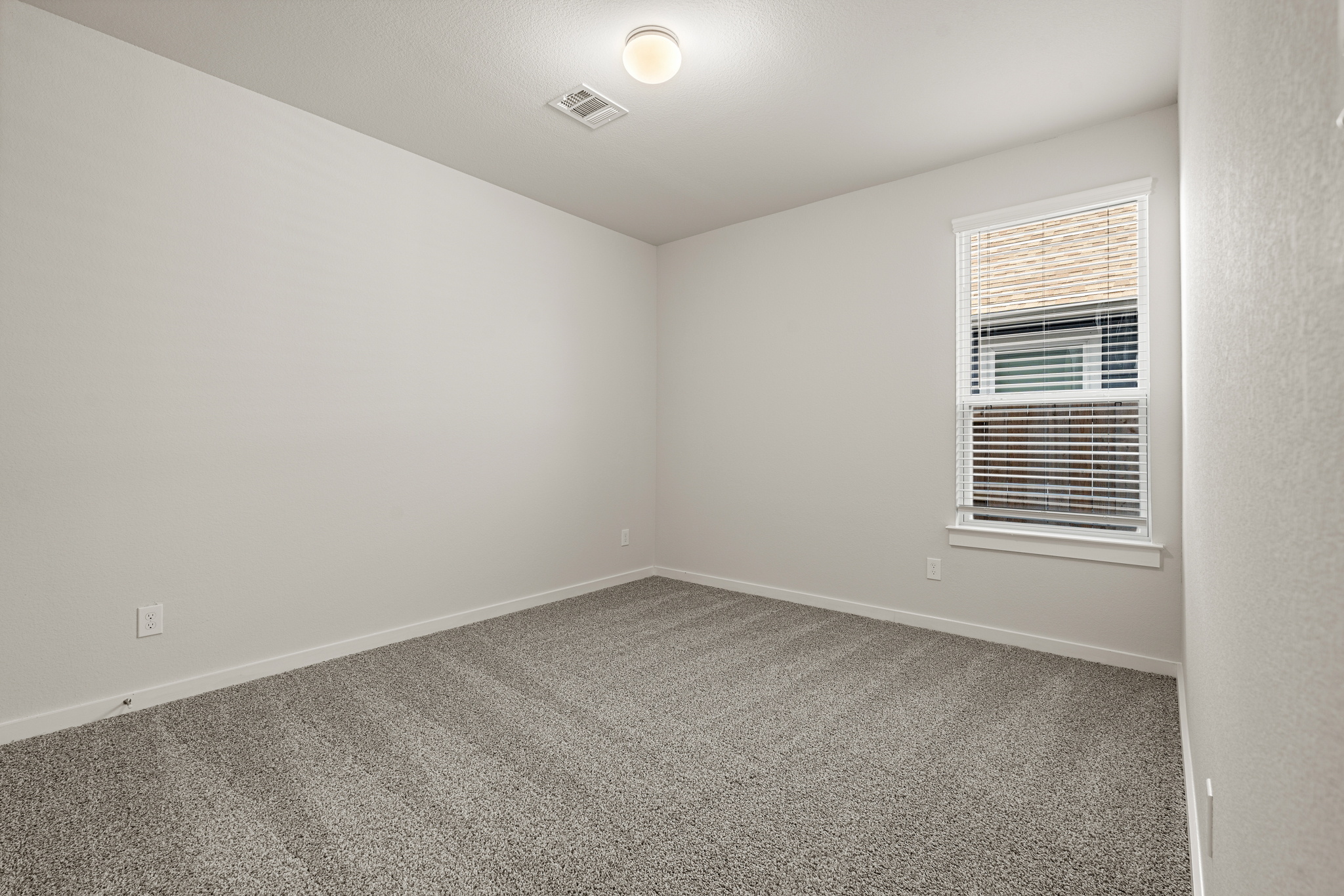 A room with a carpet and a window.