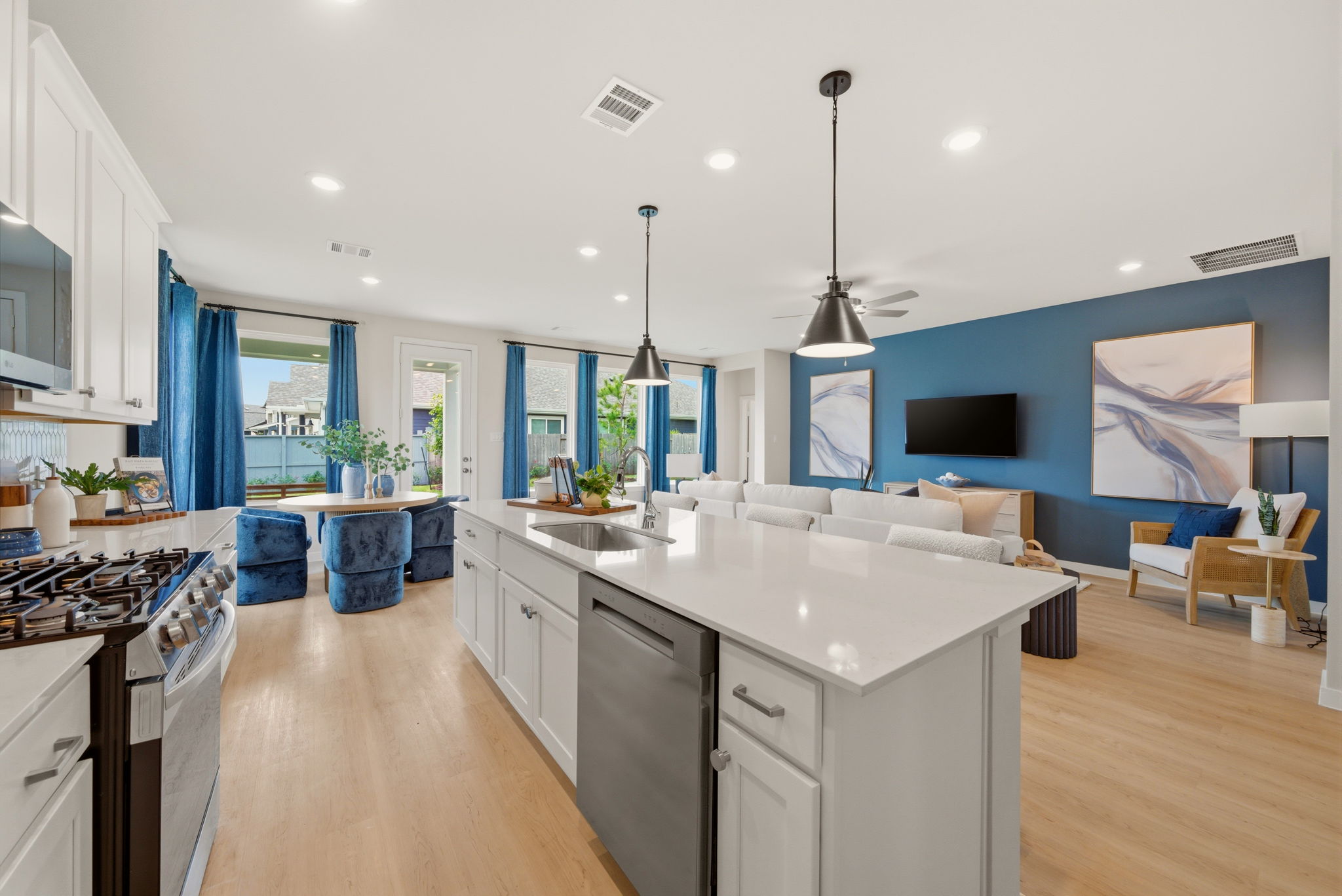 A kitchen with a large island.